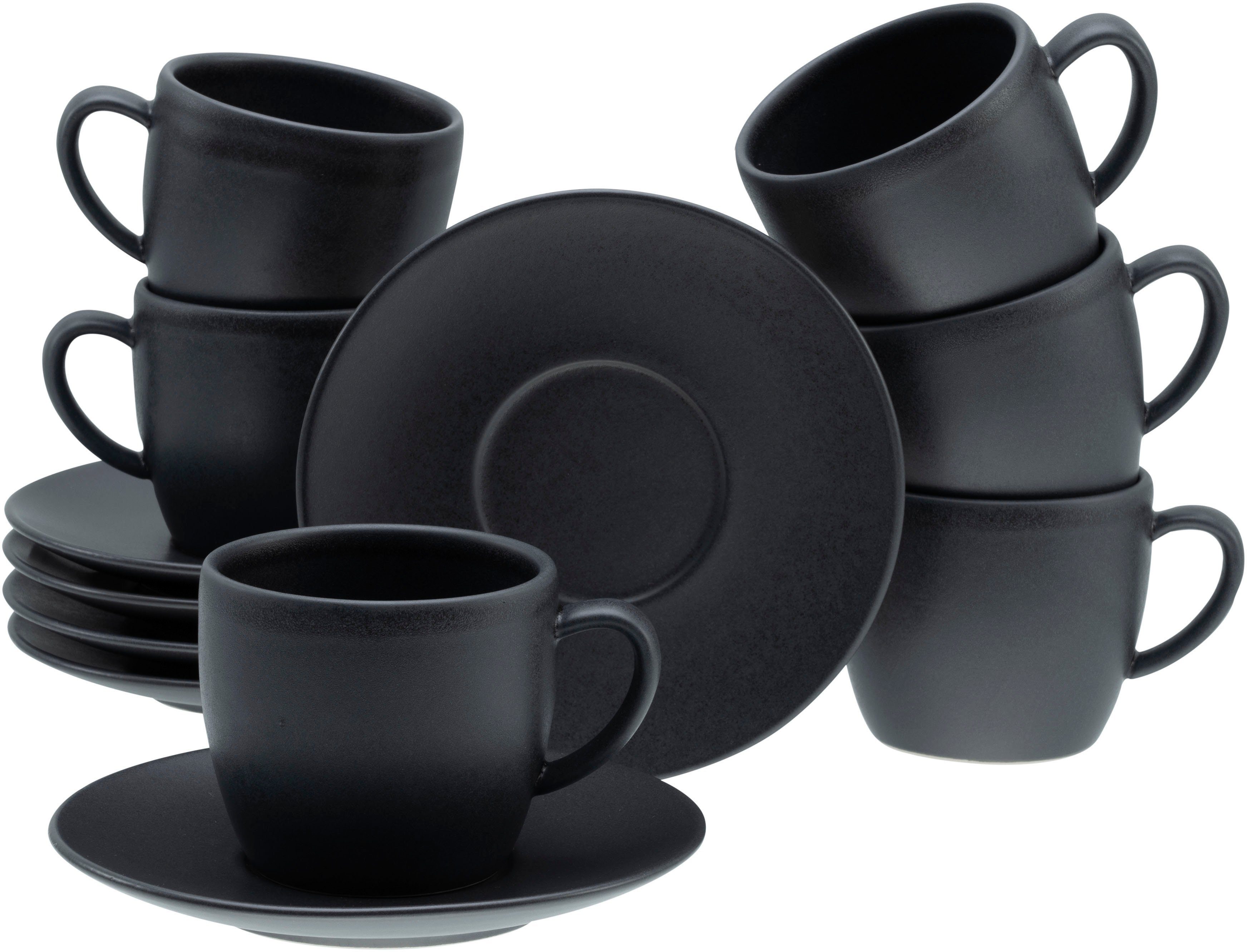 CreaTable Cappuccinotasse Soft Touch Black, Steinzeug, 12-teiliges Set, mit Untertasse