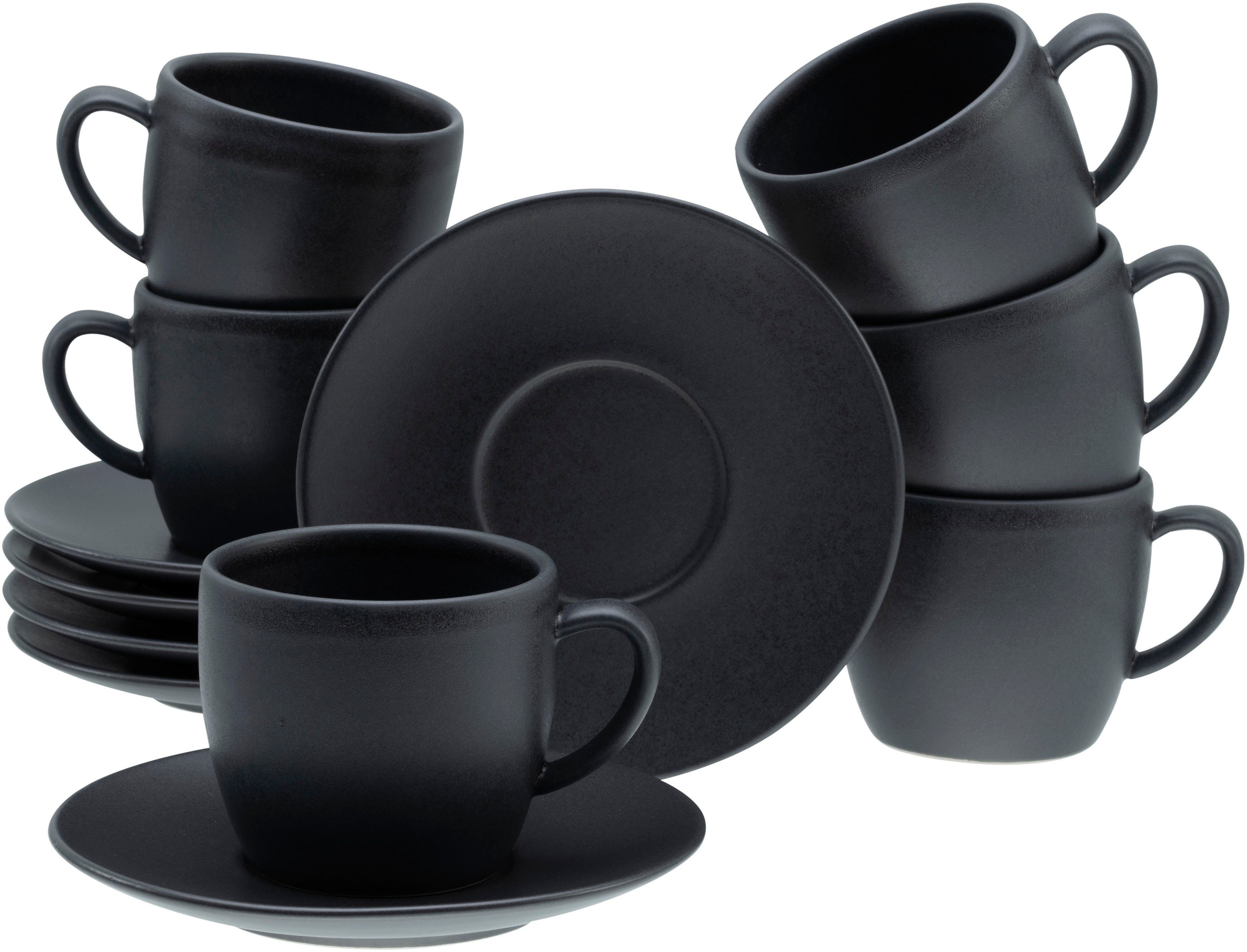 CreaTable Cappuccinotasse Soft Touch Black, 12-tlg., Steinzeug, 12-teiliges Set, mit Untertasse