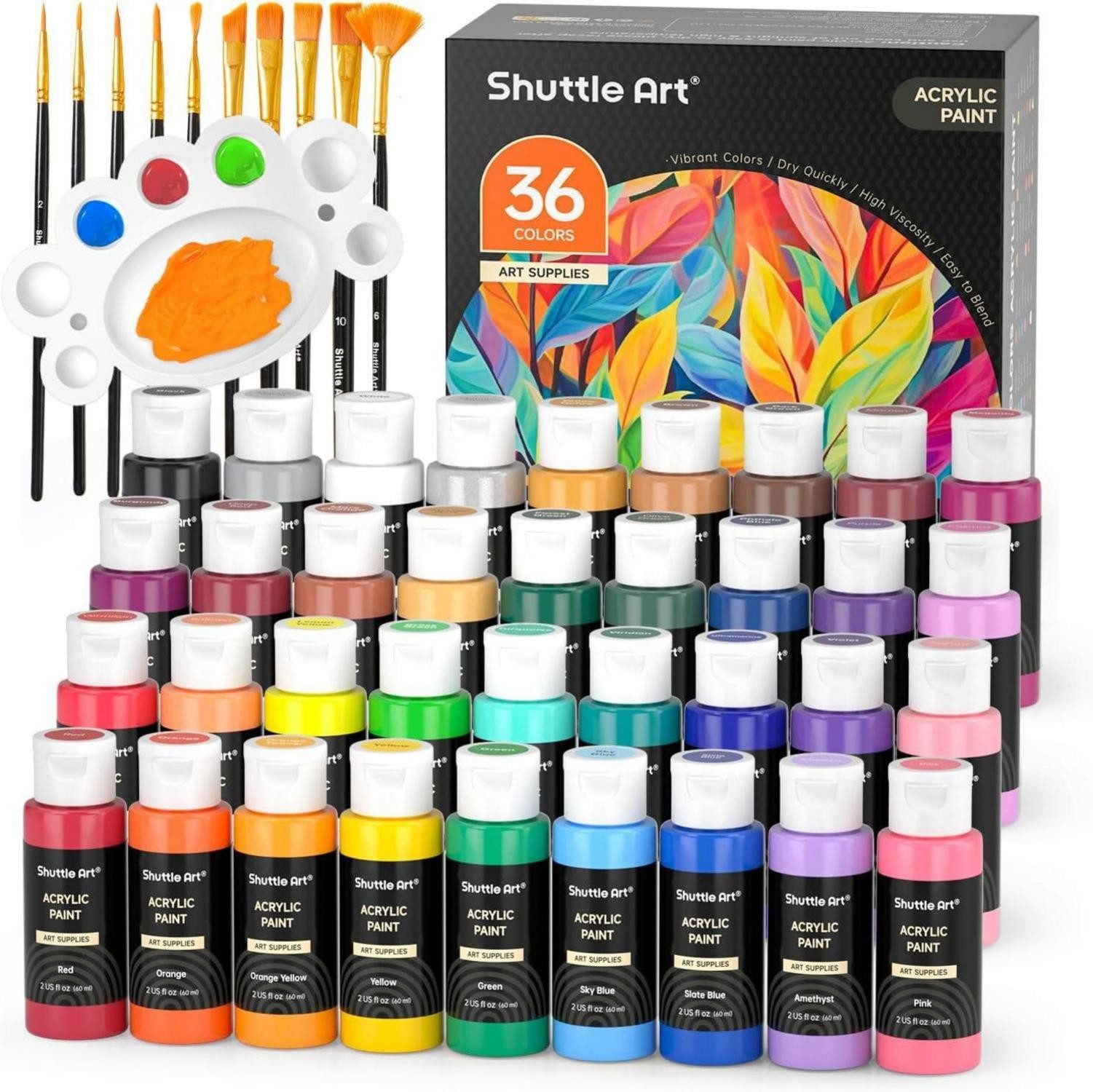 Shuttle Art Künstlerstift Acrylfarben Set 36 Farben 60ml Flaschen Pinsel Palette ungiftig