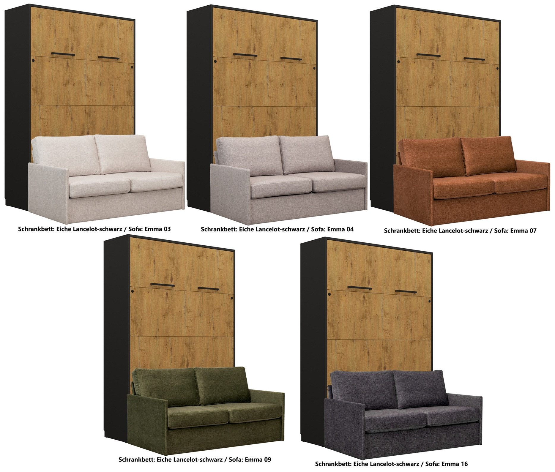 QMM TraumMöbel Schrankbett Wandbett GN140x200 eiche lancelot-schwarz mit LED & Sofa (Set, 2-St., Schrankbett vertikal 140x200 mit LED & Sofa) vertikal klappbar, mit LED-Beleuchtung mit Fernbedienung