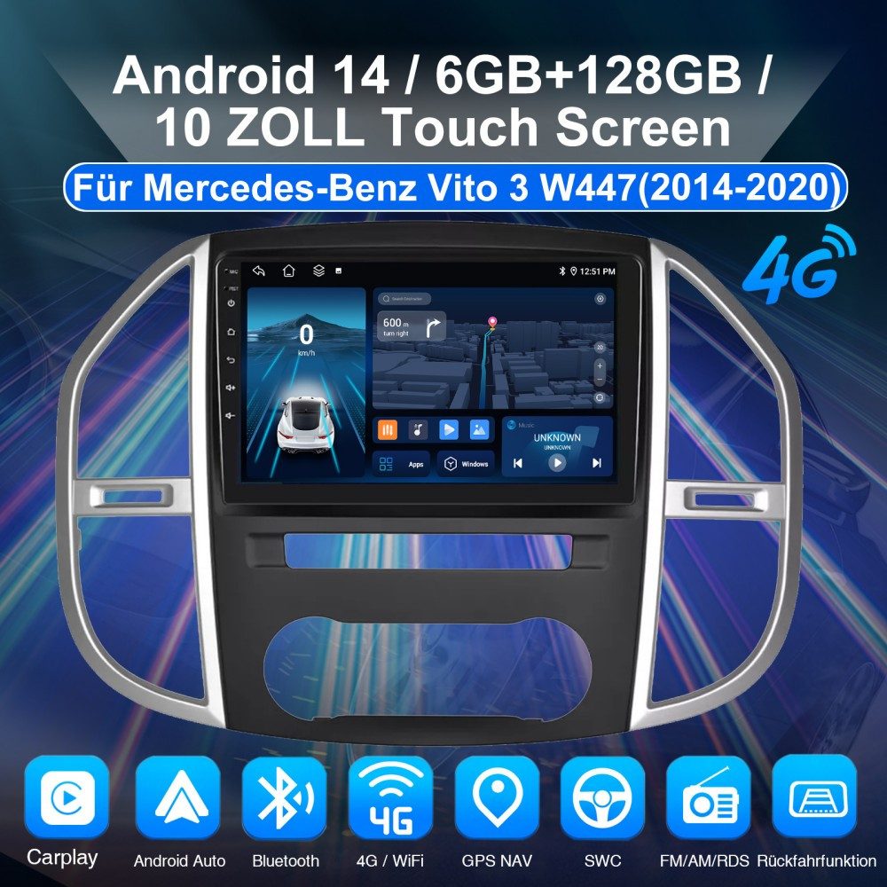 ESSGOO 4G-LTE Für Mercedes Benz W447 2014-2019 2020 8-Core 238GB Autoradio (RDS, Digitalradio (DAB), FM, AM, Apple Carplay Android Auto GPS 4G LTE WIFI)