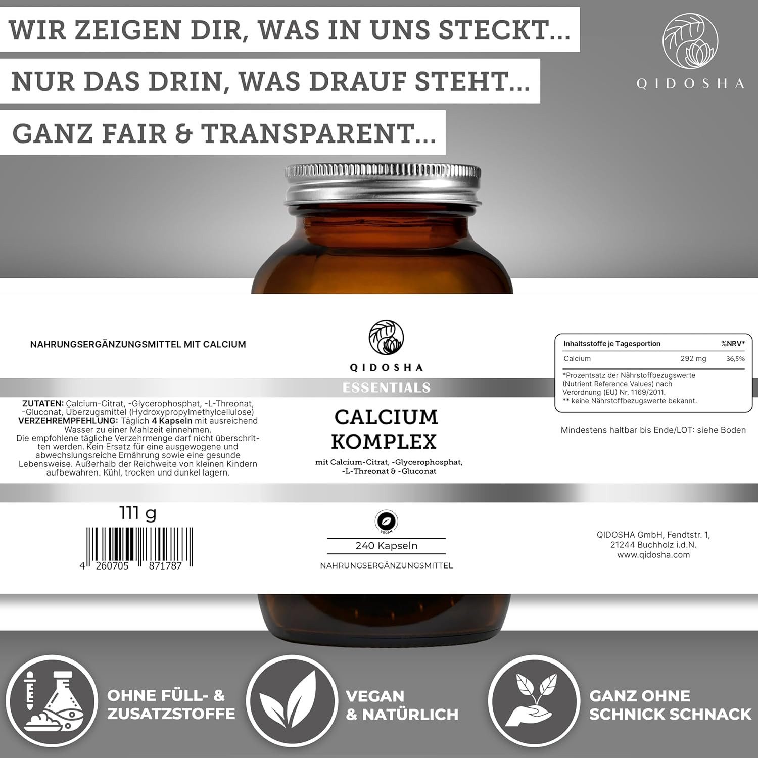 QIDOSHA Calcium Kapseln Komplex 4 Formen - hoch bioverfügbar - vegan & rein Kapseln, Ca-Citrat, Ca-Glycerophosphat und Ca-L-Threonat, 240 Stk im Apothekerglas, deutsche Fertigung, jede Charge laborgeprüft à 240 St., 111 g
