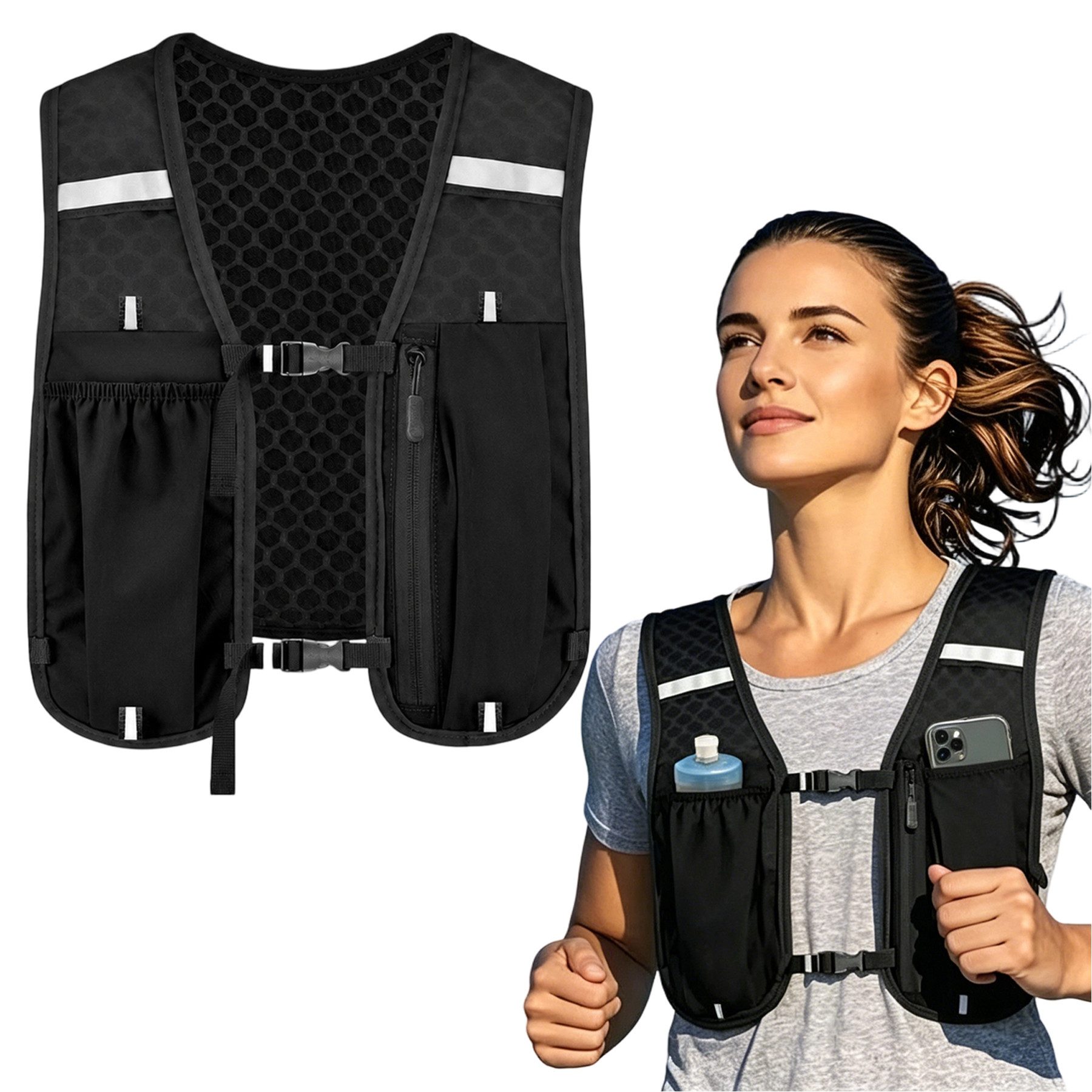 Mutig Trinkrucksack Laufweste Damen Herren, Trinkrucksack Laufrucksack für Trailrunning (Leicht Verstellbar Atmungsaktiv, Reflektierende Laufweste mit Handytasche), für Joggen, Radfahren, Marathon und Wandern