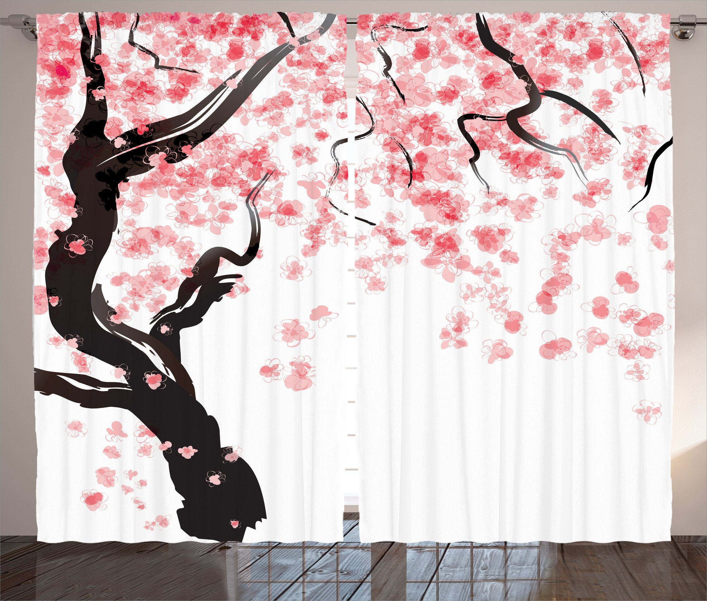 Gardine Schlafzimmer Kräuselband Vorhang mit Schlaufen und Haken, Abakuhaus, japanisch Kirschblütenbaum