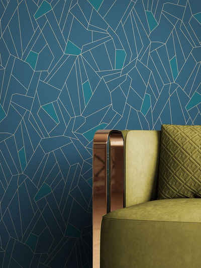 Newroom Vliestapete, Blau Tapete Grafisch Leicht Glänzend - Mustertapete Petrol Gold Geometrisch Modern Grafik Linien für Wohnzimmer Schlafzimmer Küche