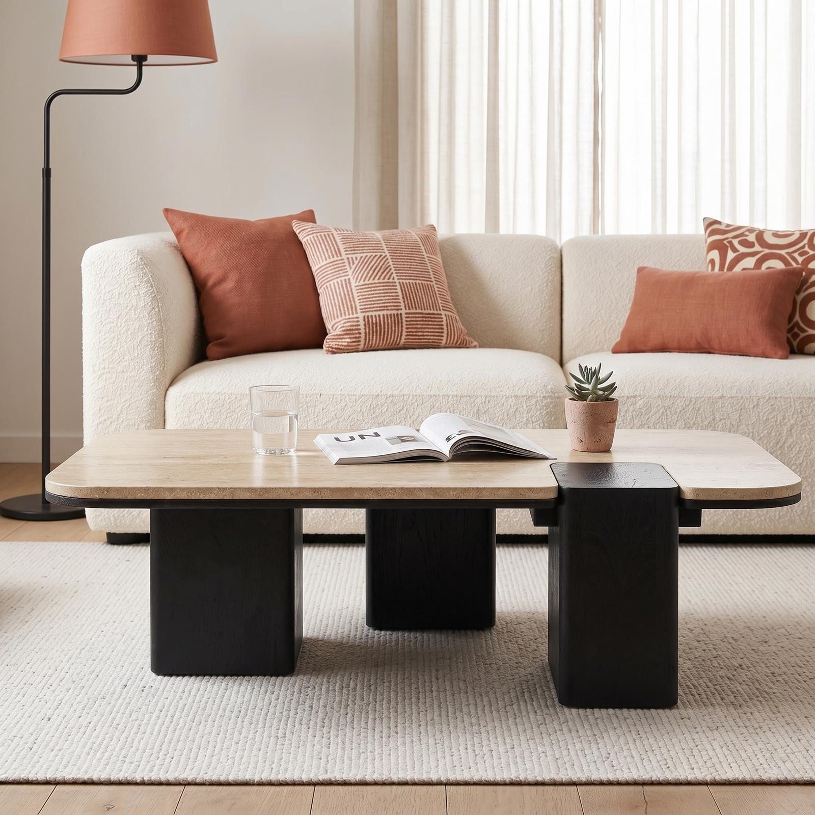 IDIMEX Couchtisch SURAT, Wohnzimmertisch 100x60 cm aus Mangoholz und Travertin Beige/Schwarz