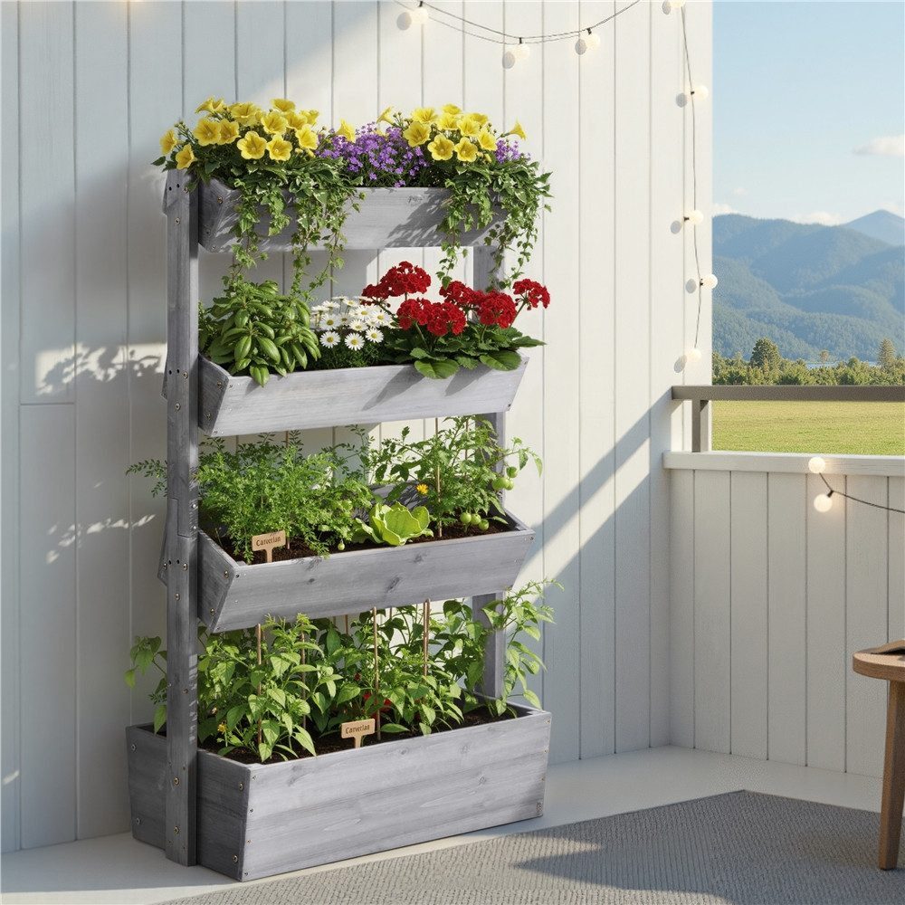 Yaheetech Hochbeet 4-Stufiger Pflanzkasten aus Tannenholz, Pflanzbox mit Belüftungslöcher für Garten/Hof/Terrasse