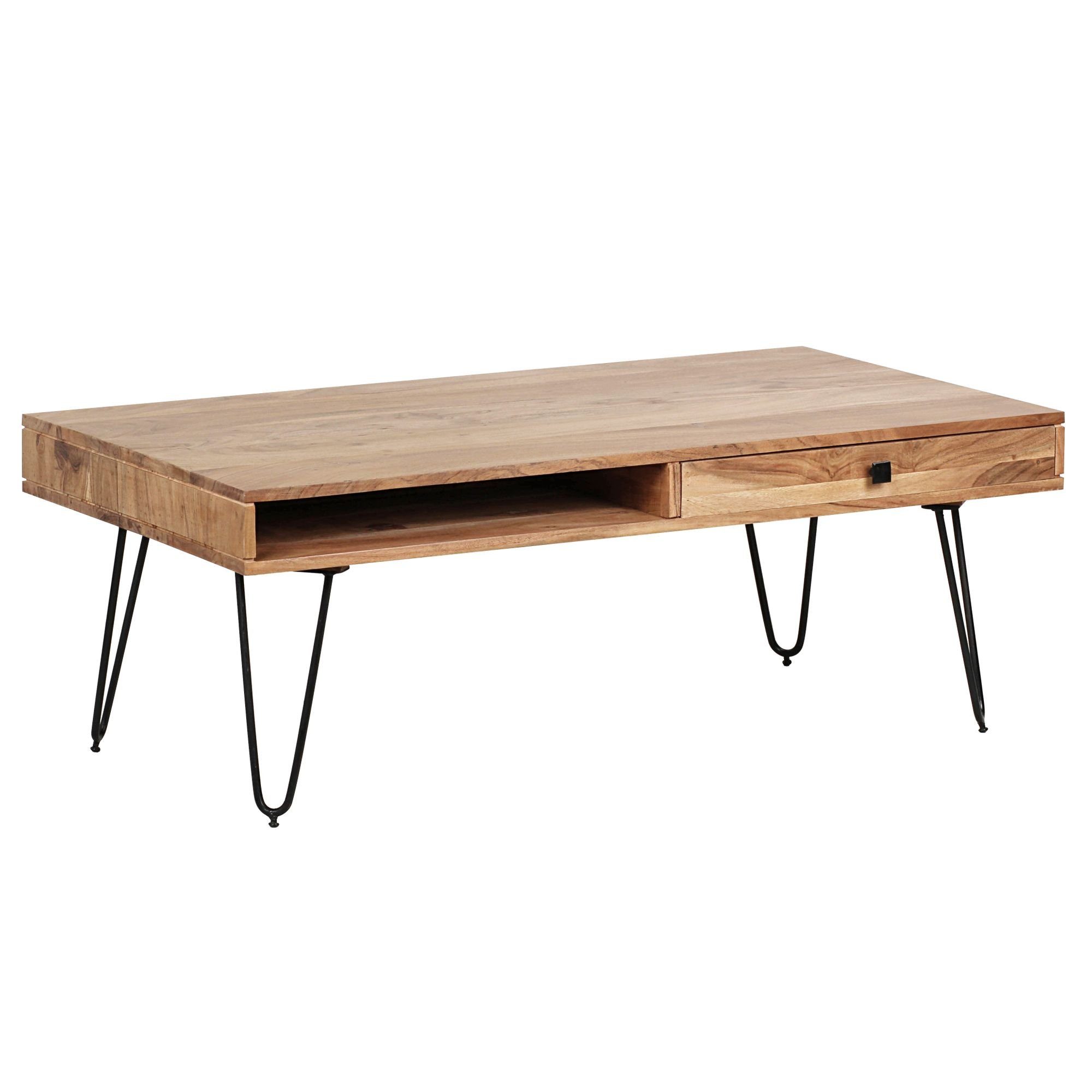 möbelando Couchtisch Couchtisch BAGLI Massiv-Holz Akazie 120 cm breit, Couchtisch BAGLI Massiv-Holz Akazie 120 cm breit Wohnzimmer-Tisch Design Metallbeine Landhaus-Stil Beistelltisch