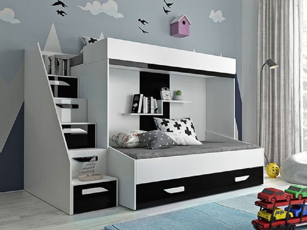 Feldmann-Wohnen Hochbett PARTY (Etagenbett, mit Bettschublade) Farbe wählbar weiß / schwarz Hochglanz - Griffe weiß / schwarz