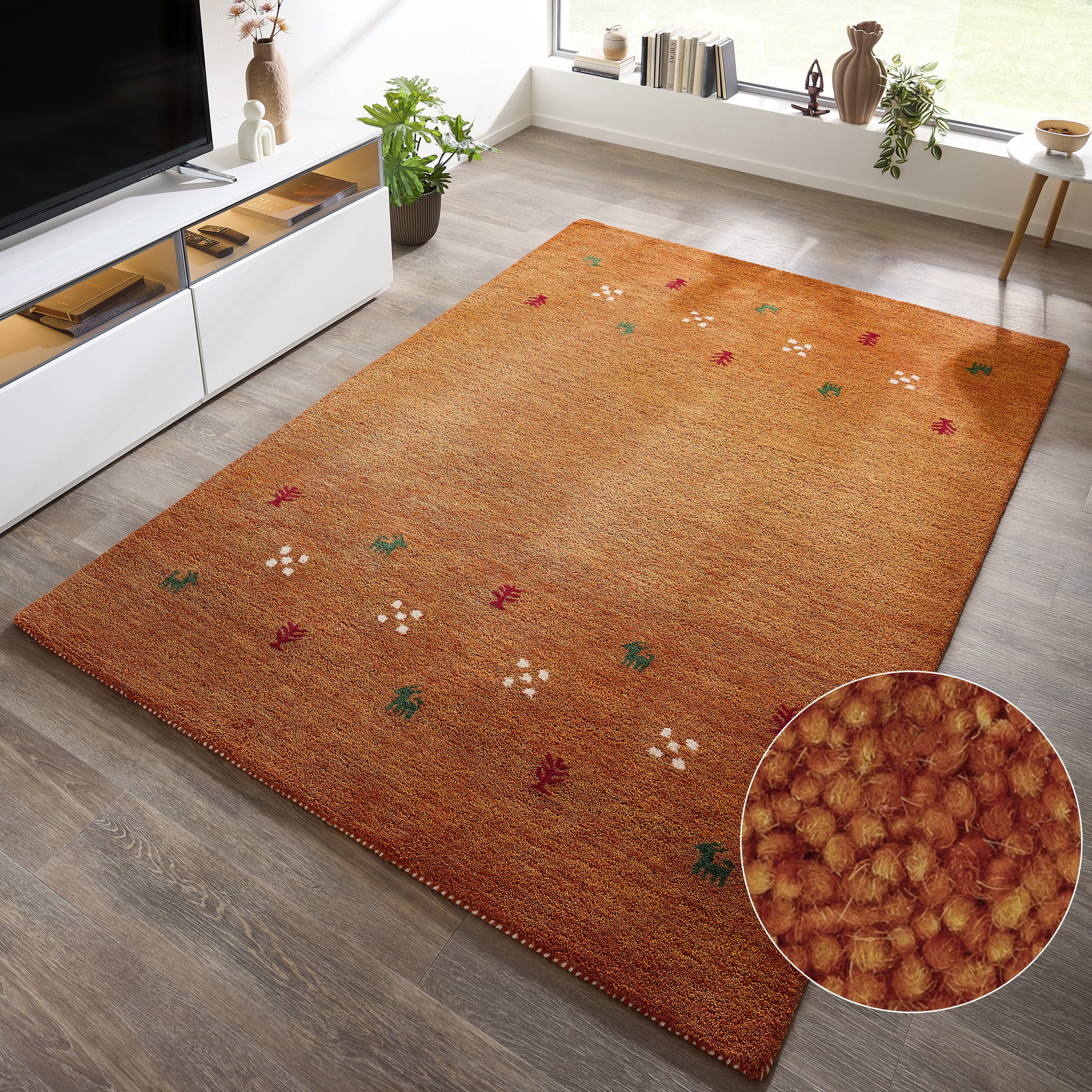 THEKO Wollteppich Gabbeh Motiv, Handgefertigt, Teppich, Tiermotiv, reine Wolle, rechteckig, Höhe: 14 mm, reine Wolle, Wohnzimmer, Schlafzimmer, Esszimmer