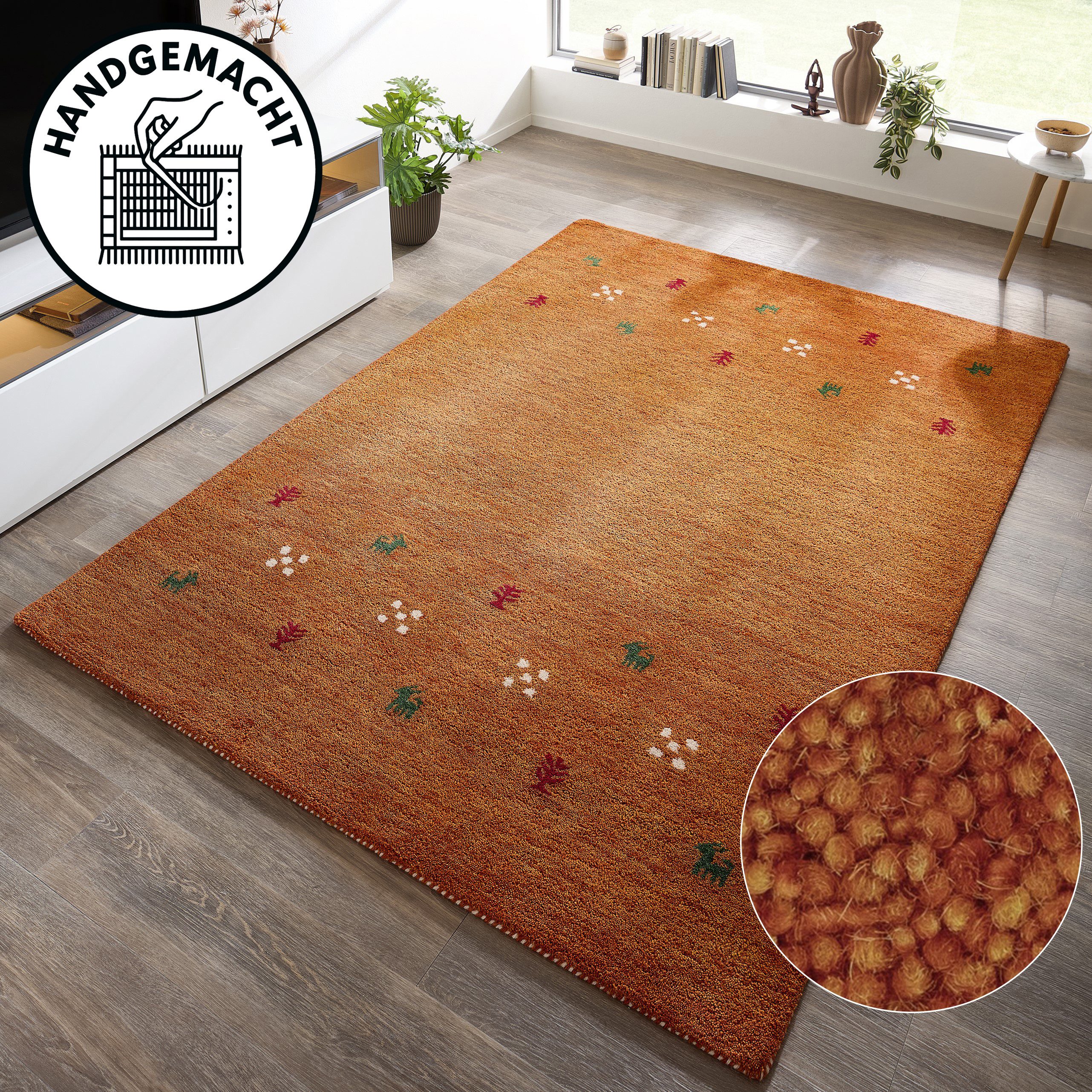 THEKO Wollteppich Gabbeh Motiv, Handgefertigt, Teppich, Tiermotiv, reine Wolle, rechteckig, Höhe: 14 mm, reine Wolle, Wohnzimmer, Schlafzimmer, Esszimmer