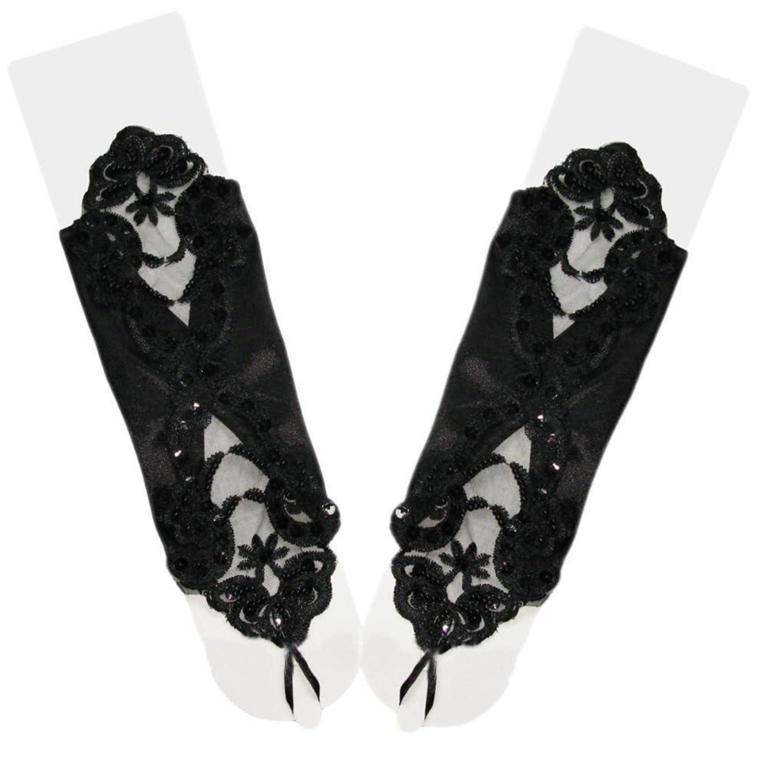 LuxusKollektion Abendhandschuhe Handschuhe Spitze Hakenfinger Paillettenröschen Schwarz (1-St)