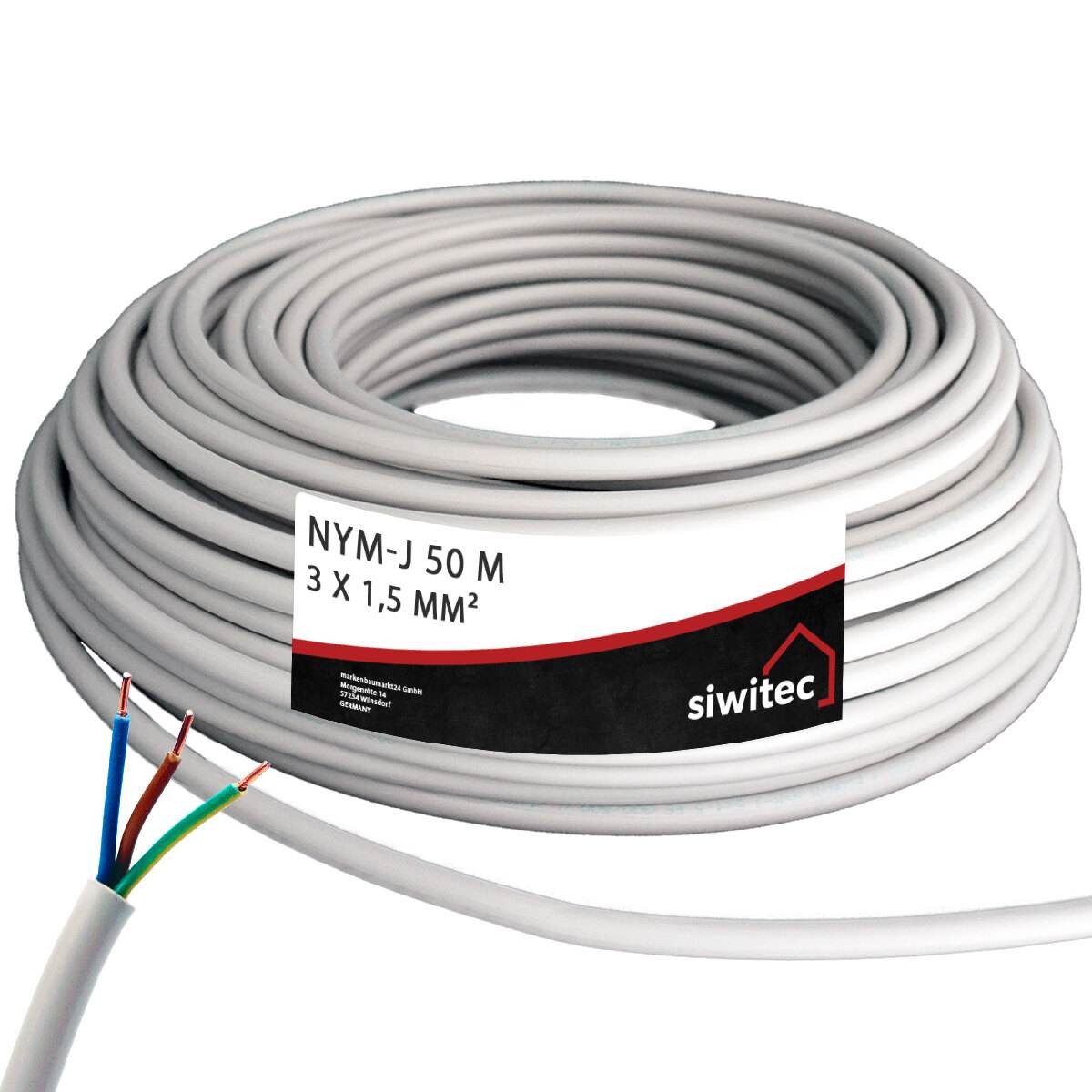 siwitec Kabel, J 3 x 1,5 mm2, 50 m Kabelring, Installationskabel, Mantelleitun Stromkabel, (5000 cm)