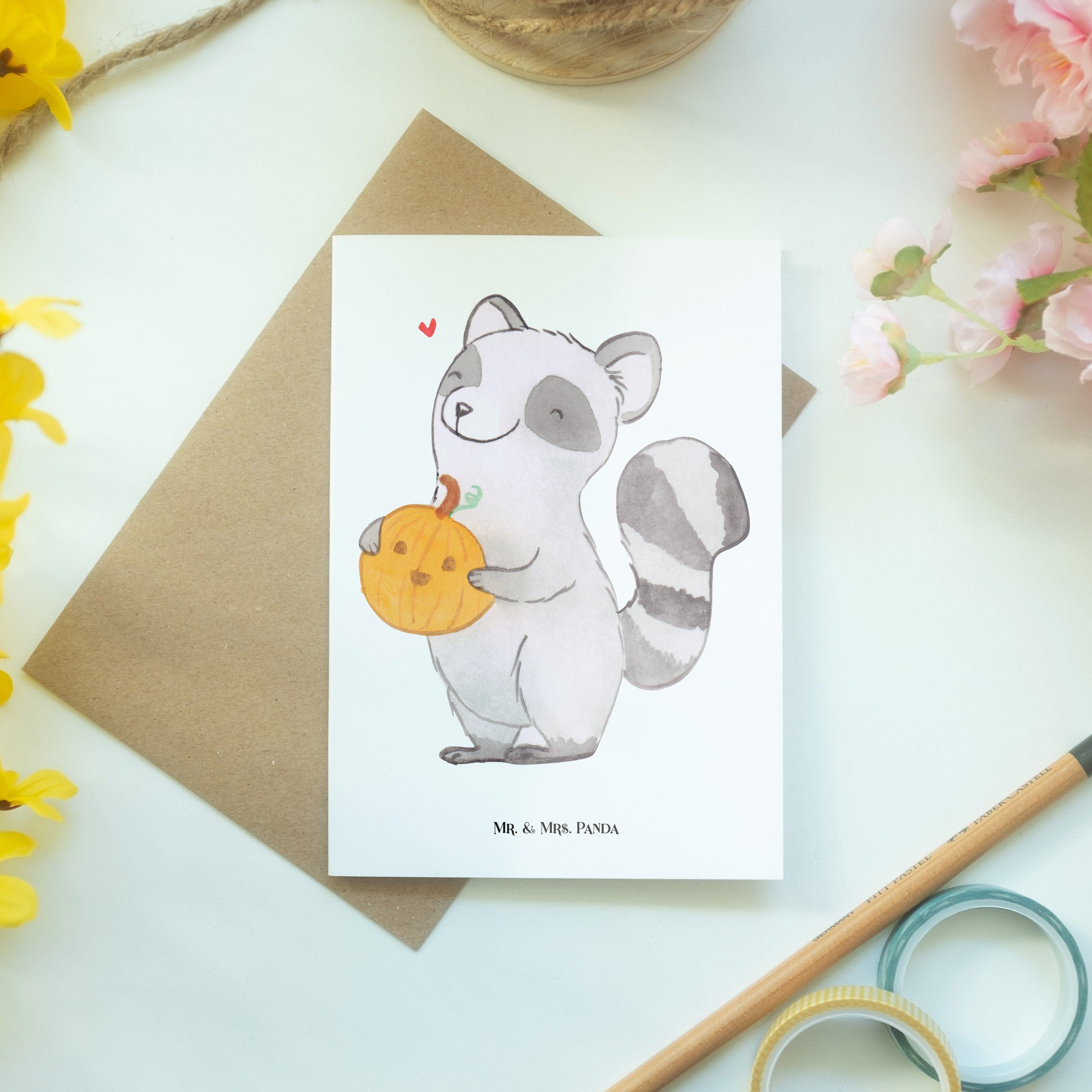 Geschenk, Einladungskarte & Mr. Weiß - Kürbis Panda Karte, Mrs. Waschbär - Grußkarte Halloween,