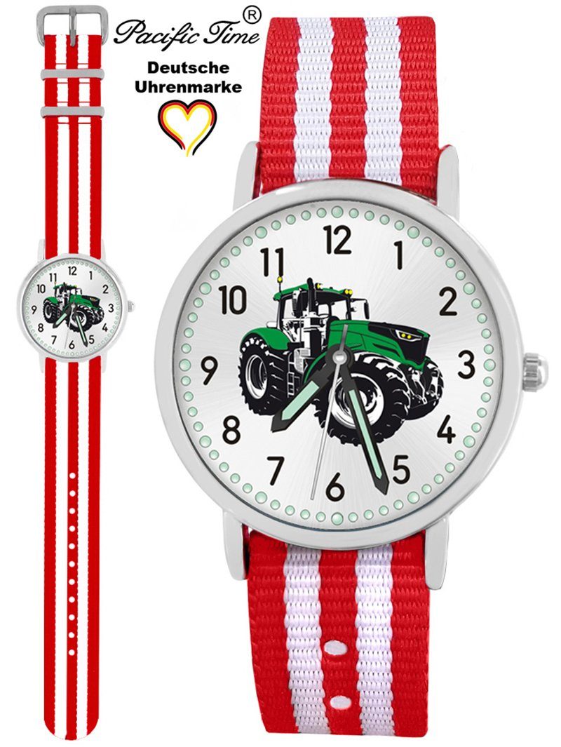 Pacific Time Quarzuhr Kinder Armbanduhr Traktor grün Wechselarmband, Mix und Match Design - Gratis Versand rot weiss