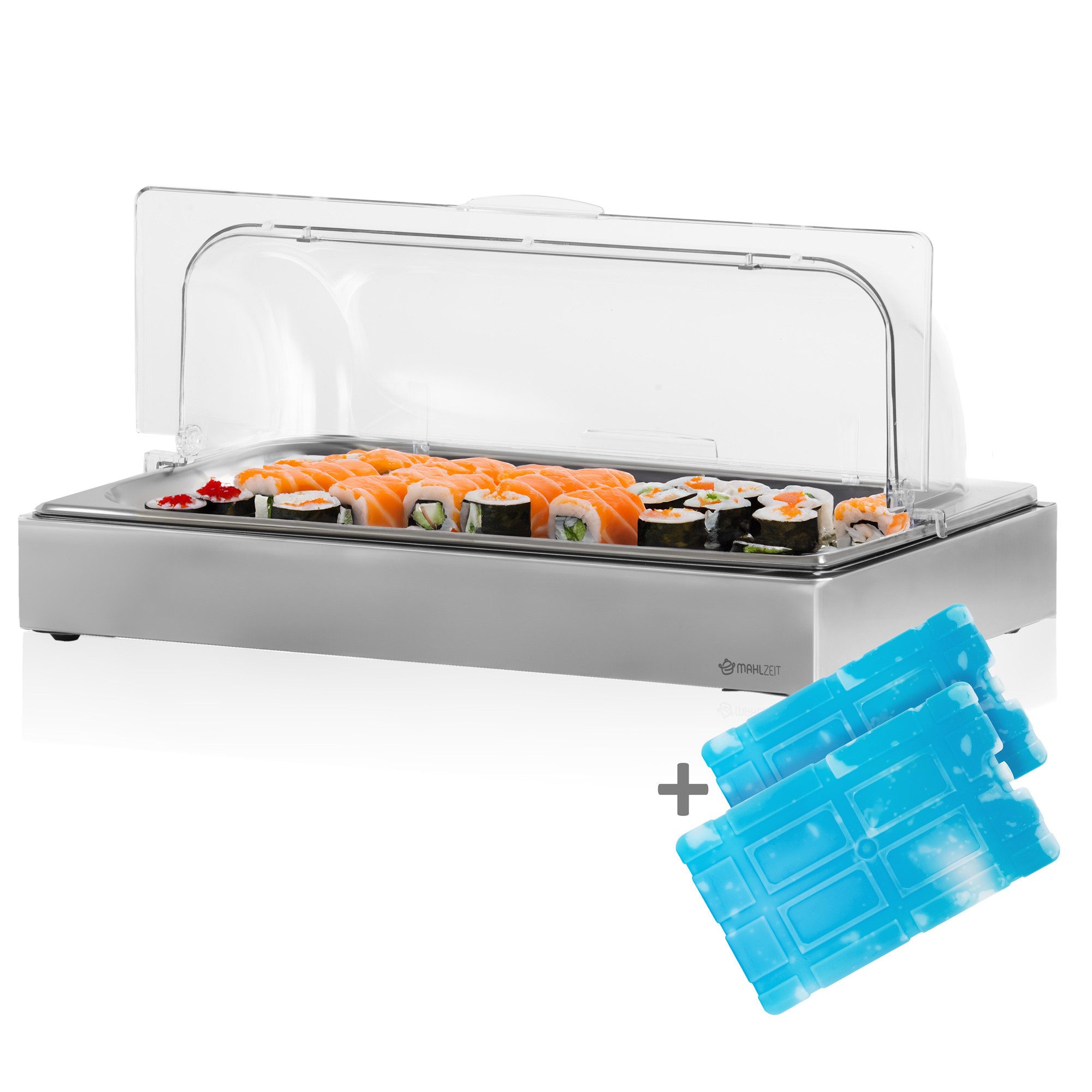 Mahlzeit Buffet-Vitrine Kühl Servierplatte, 54 x 34 x 24,5 cm, GN 1/1 Kühlplatte, Kühlschalen, Edelstahl, Leicht zu reinigen