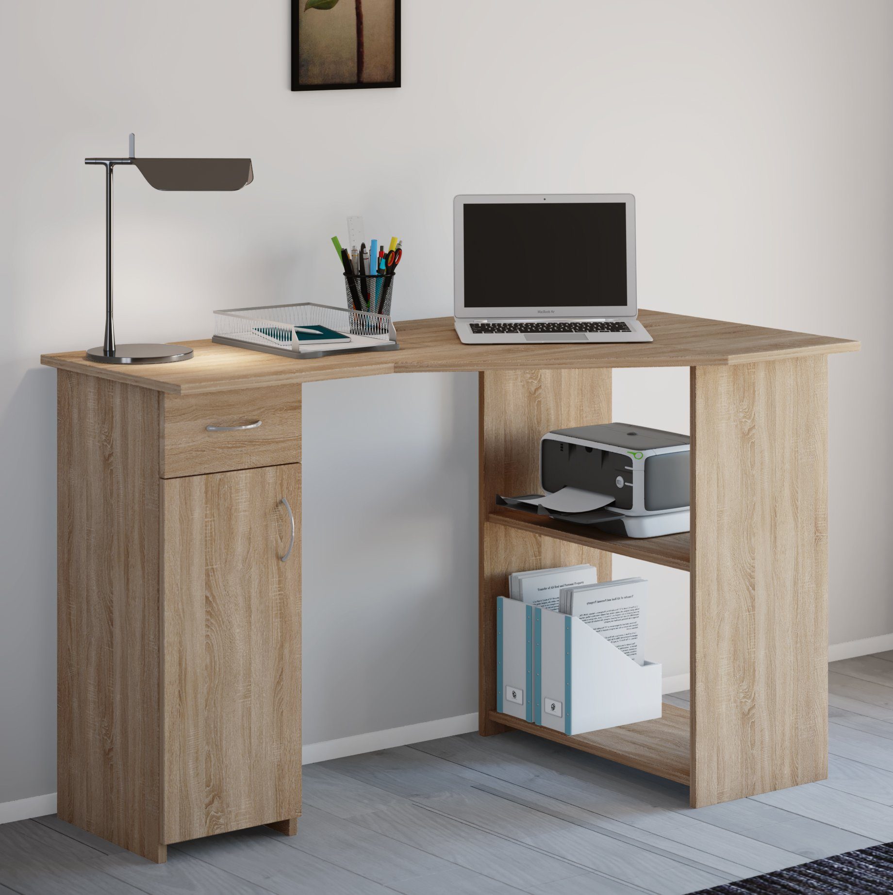 Holz Schreibtisch Linzia (Sägerau) Eckschreibtisch VCM Bürotisch Sonoma-Eiche Schreibtisch