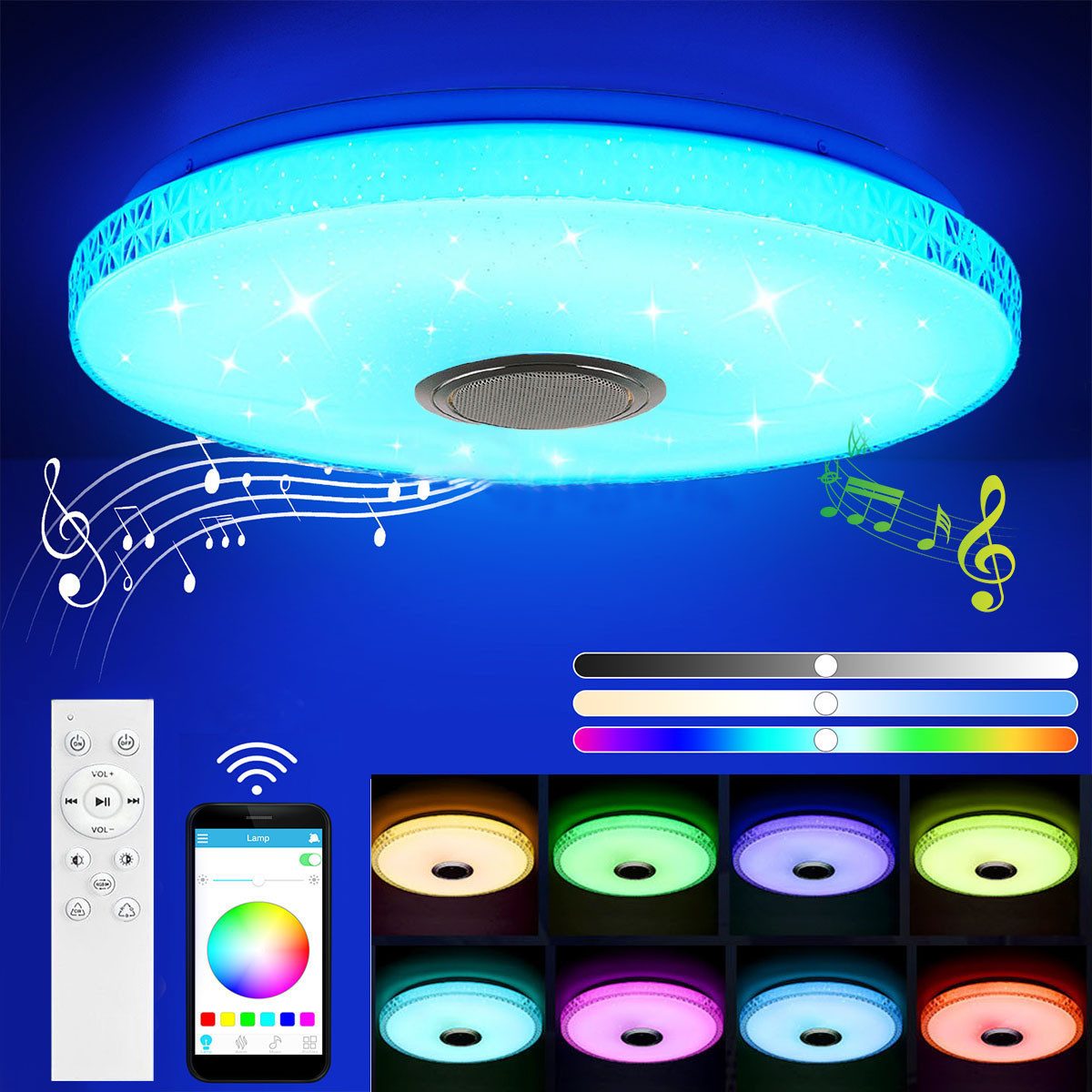 oyajia LED Deckenleuchte 40W Kristall LED Deckenlampe mit Bluetooth Lautsprecher, RGB Dimmbare, LED fest integriert, Kaltweiß/Naturweiß/Warmweiß/RGB Farbwechsel, LED Kristall Sternenhimmel Lampe Ø40cm,für Schlafzimmer Wohnzimmer Bad
