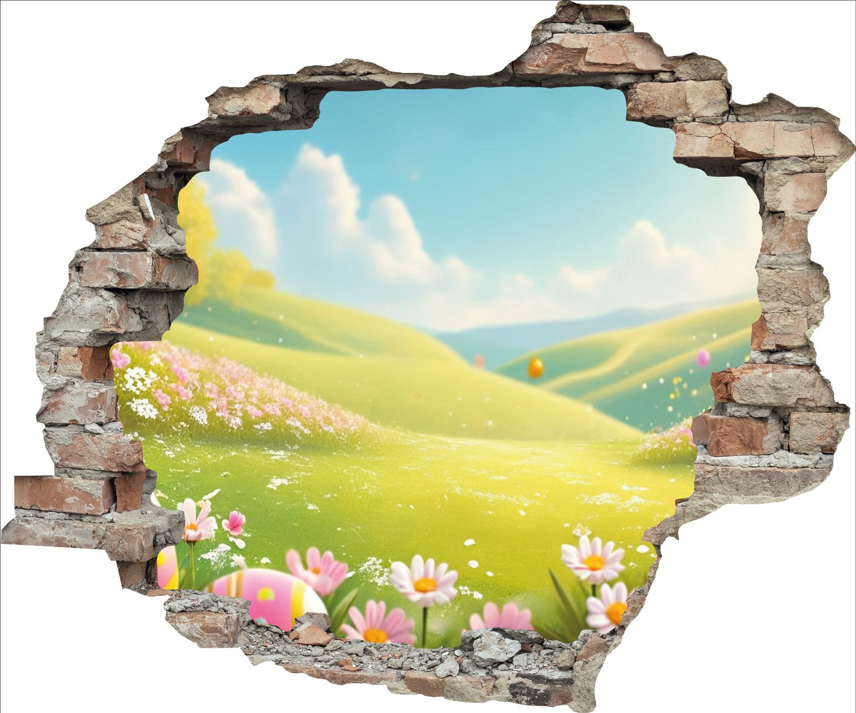 queence 3D-Wandtattoo Wiese im Frühling (1 St), Selbstklebender Wandsticker Ostern Wanddurchbruch 60x50cm