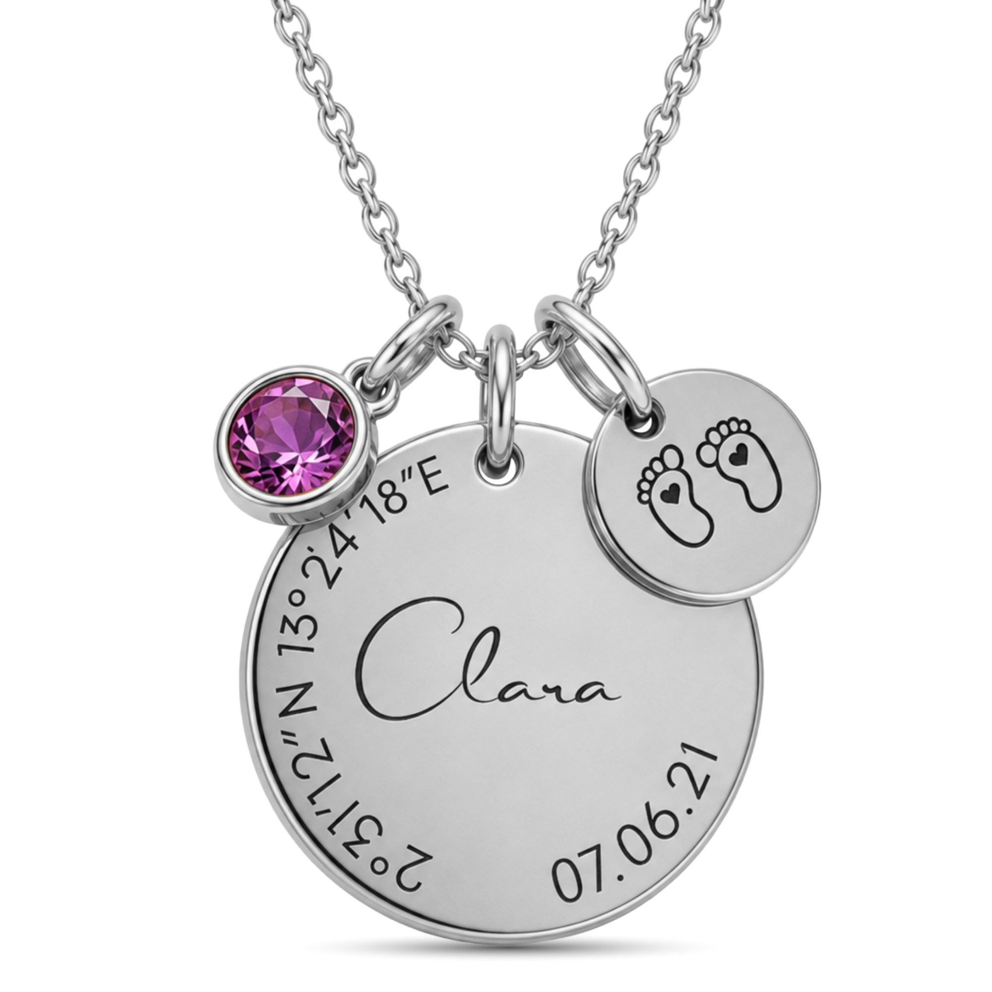 BS Schmuckdesign Kette mit Anhänger mit Gravur Personalisierte Halskette Damen Gravur Geburtsstein Koordinaten (inkl. Gravur), vollständig personalisierbar inkl. Geschenkbox