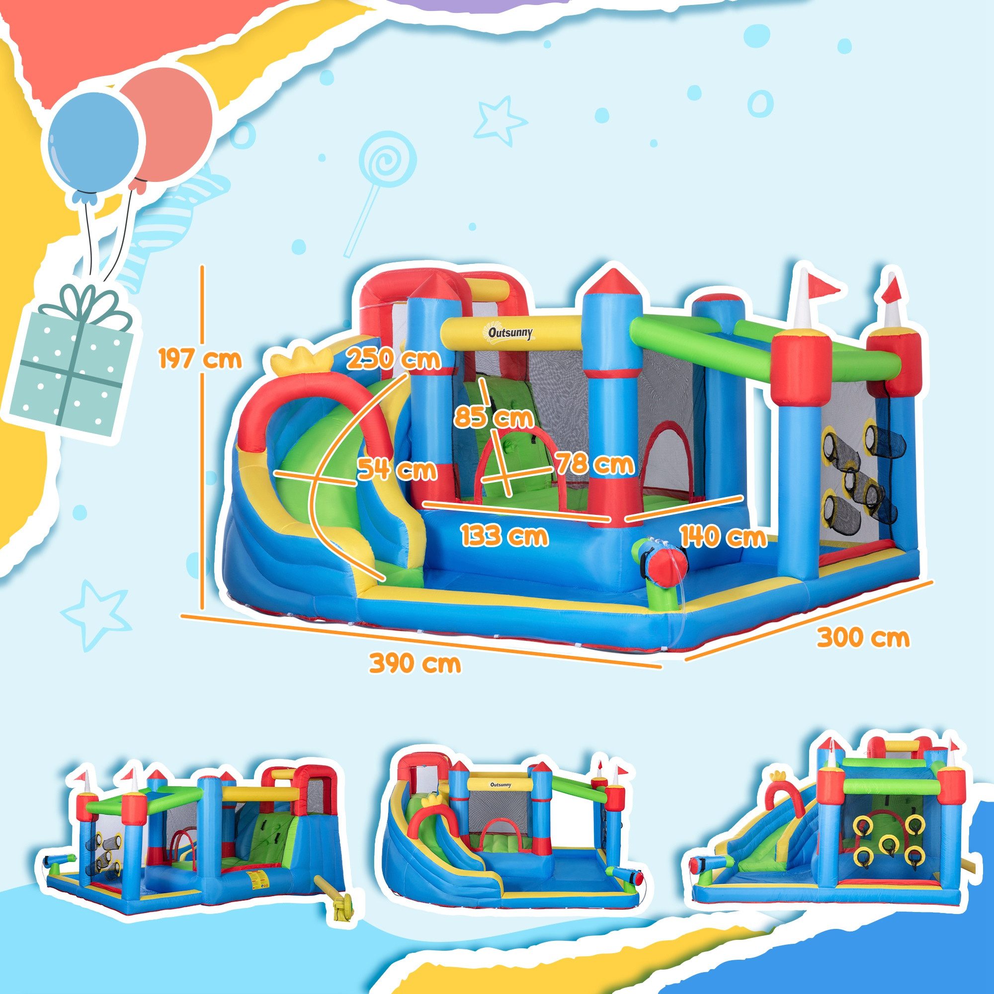 Outsunny Hüpfburg mit Gebläse Wasserrutsche, Trampolin, Kletterwand, für Kinder, (Wasserpark, 1-tlg., Wasserspielcenter), Bunt, 390 x 300 x 197 cm