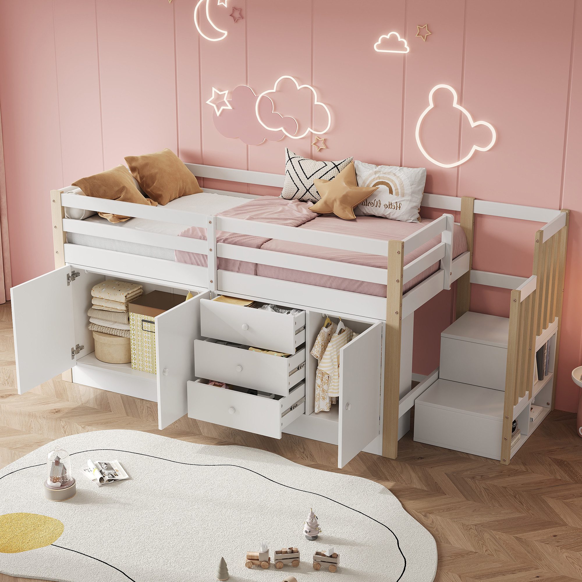 Odikalo Kinderbett Hochbett Einzelbett Schubladen Stauschränken günstig online kaufen