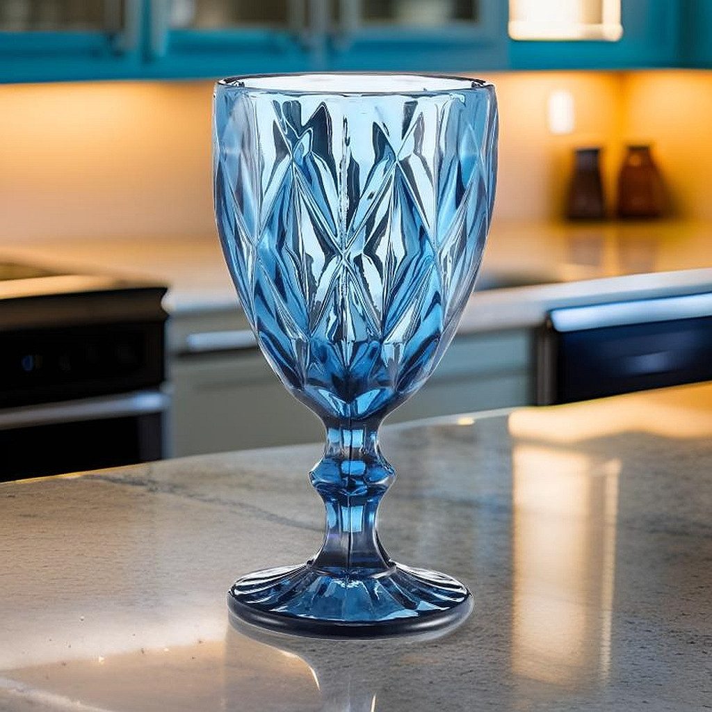 Cheffinger Gläser-Set Weingläser Weinglas Trinkglas 6'er Set 240ml blau mit Muster, Material: Glas