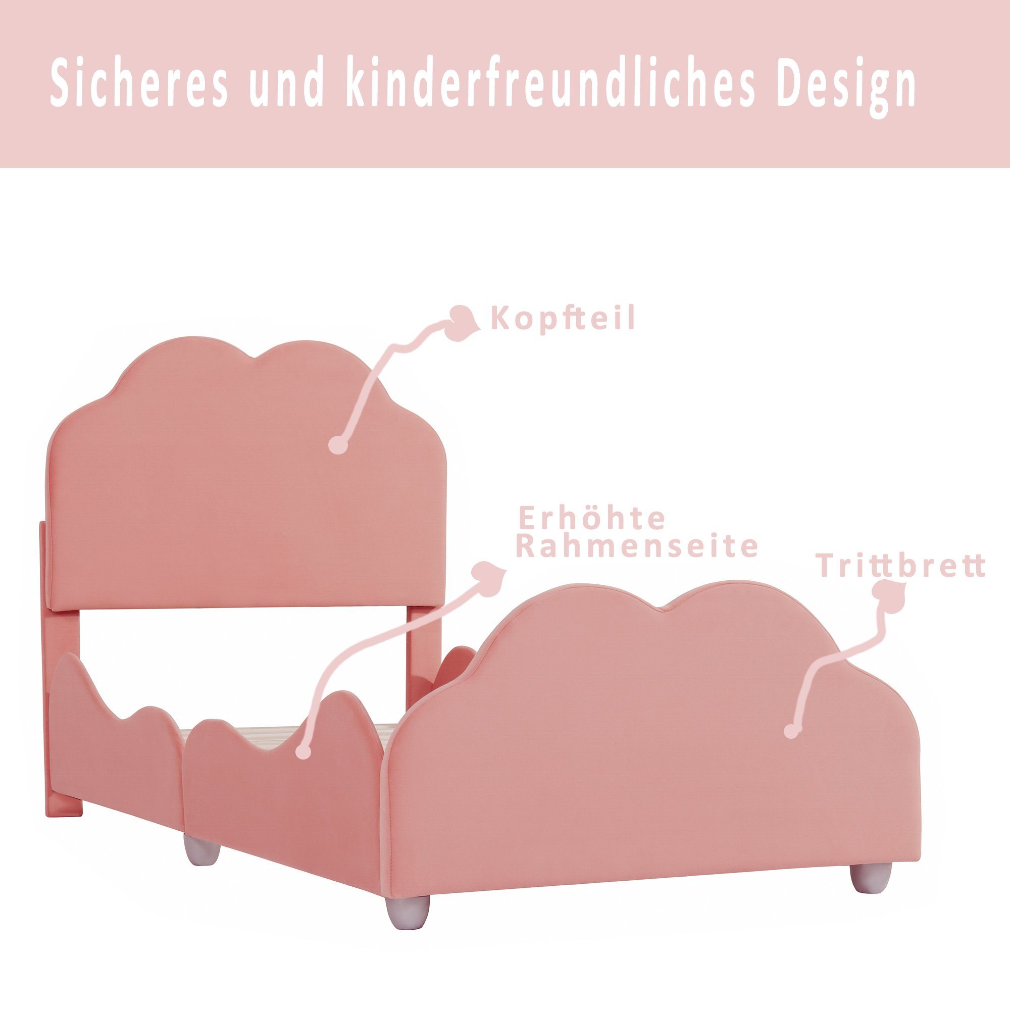 Wolkenform rosa Kinderbett, Einzelbett Samt süße Flieks Polsterbett 90x200cm