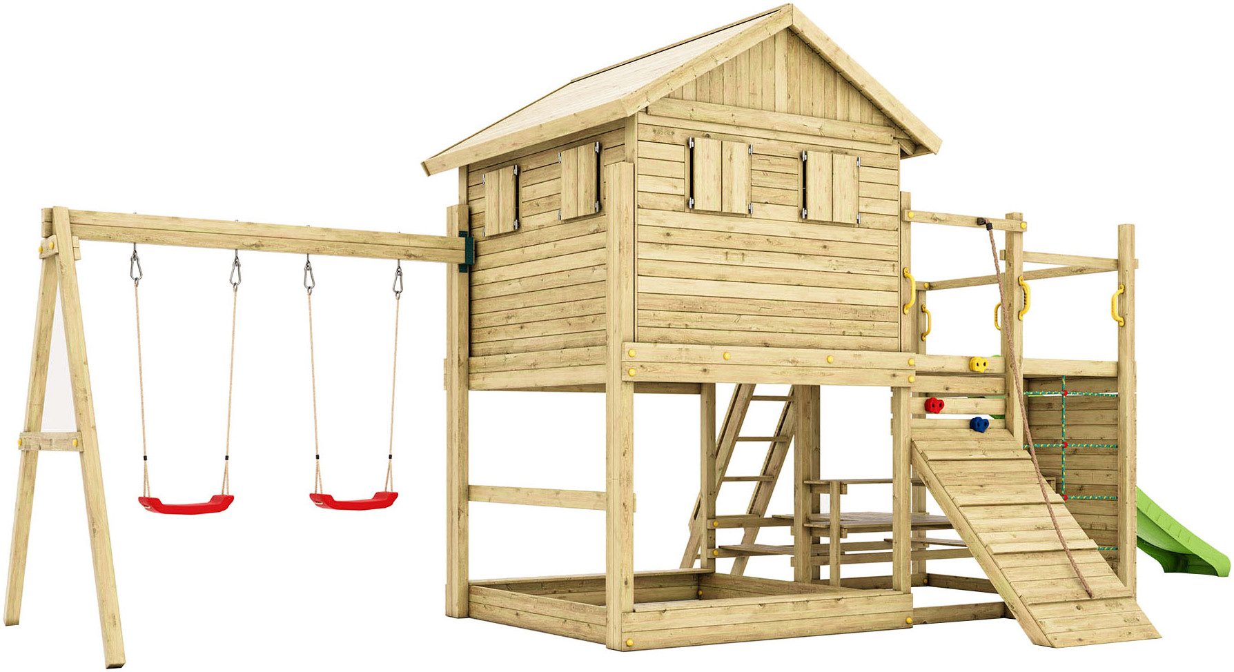 FUNGOO Spielturm ALOHA, mit Spielhaus und Terrasse, Doppelschaukel