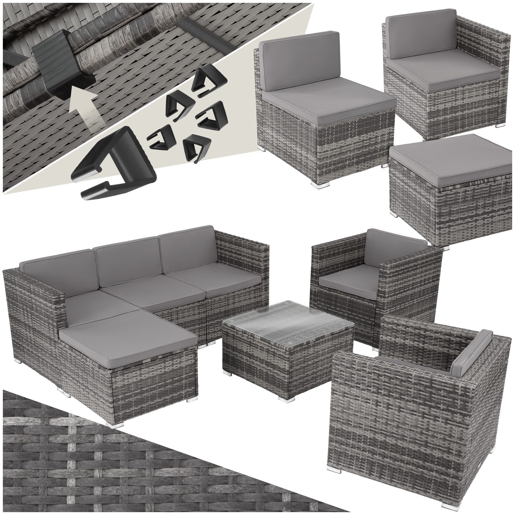 tectake Loungeset Rattan Sitzgruppe mit Sicherheitsglasplatte, für 5 bis 6 Personen, (Gartenlounge-set Lignano, 7-tlg., geeignet für Outdoor in Grau), widerstandsfähig und UV-beständig, variabel aufstellbar