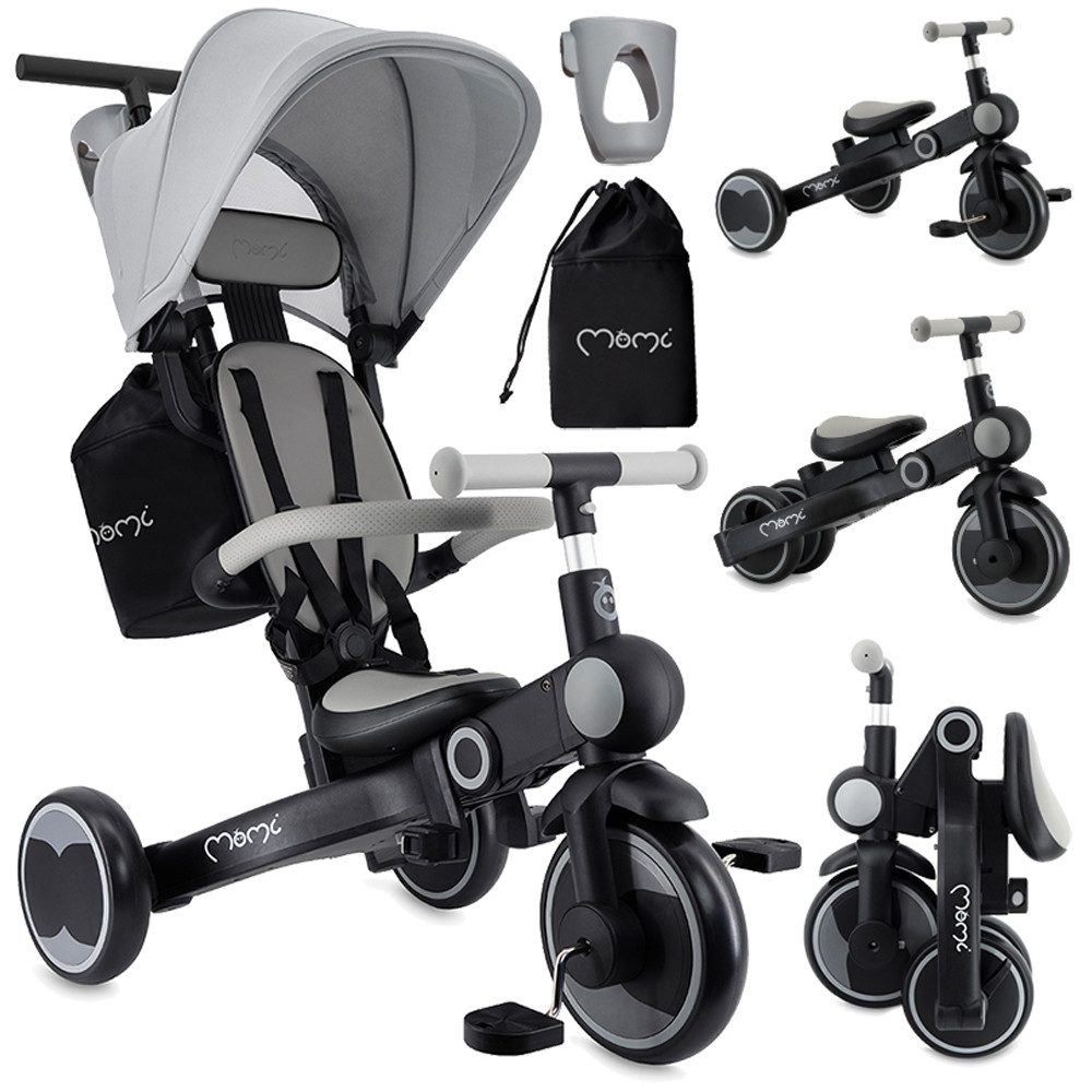 MoMi Laufrad Solivia 8, 7 Zoll, 4in1 Dreirad mit Schiebestange, klappbar, Freilauf & Verdeck