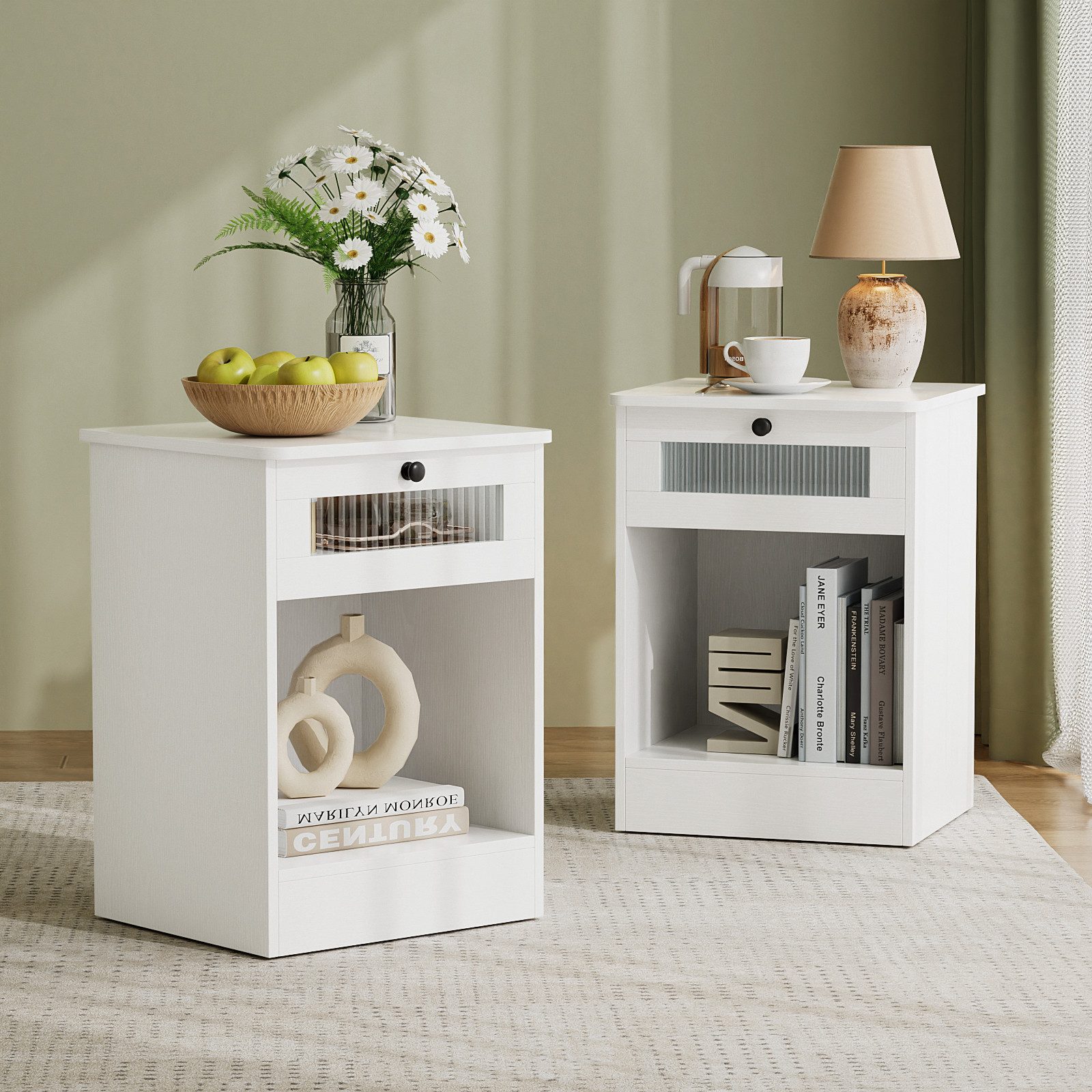 VOWNER Nachttisch mit Glasfront und Schublade, offenes Fach, Weiß, 45x40x60 cm (2-St), multifunktional als Beistelltisch für Schlafzimmer und Wohnzimmer