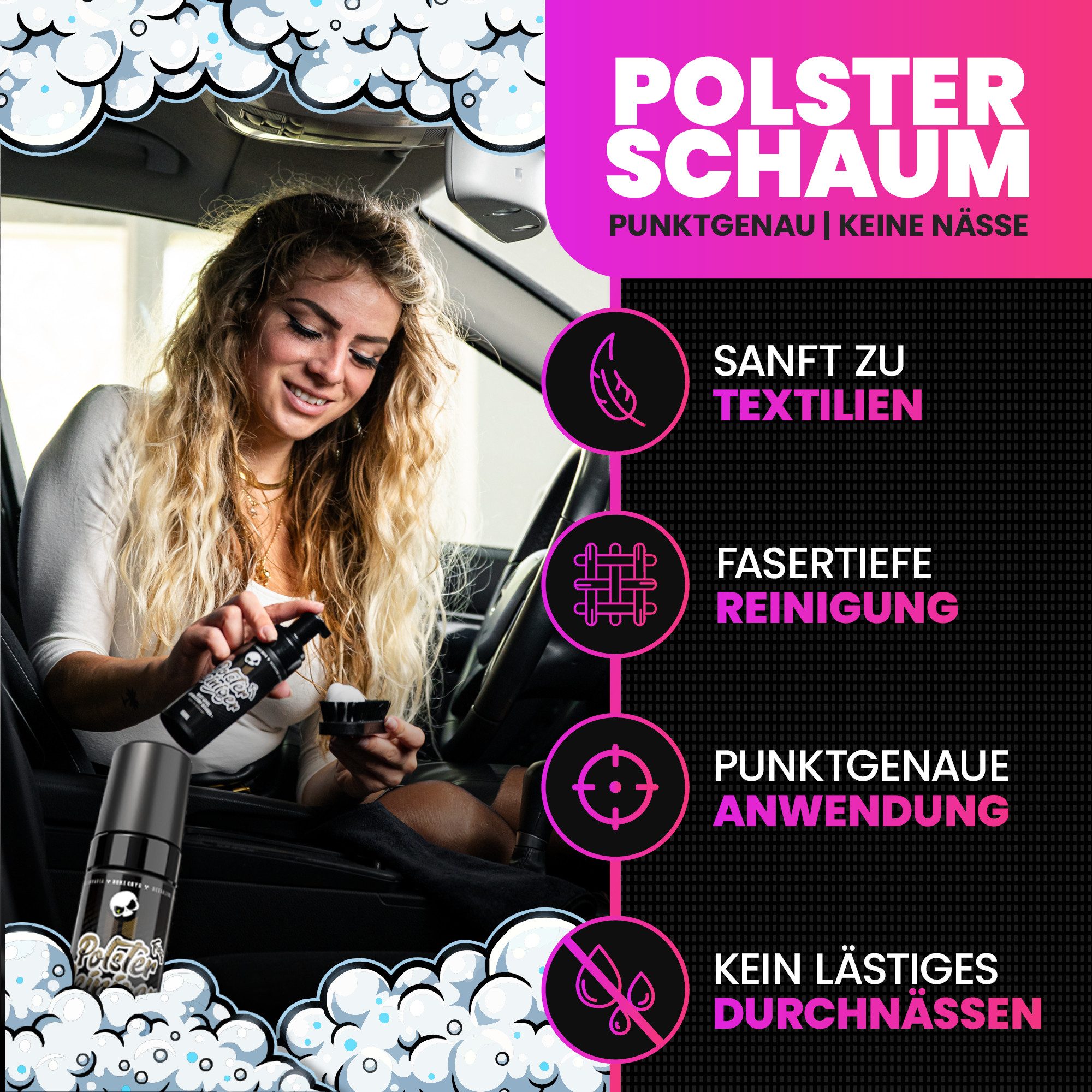 Nuke Guys PolsterreinigerFoam 150ml Polsterschaum Polsterreiniger (1-St. Schaum Reiniger für Polster Textil Stoff Leder)