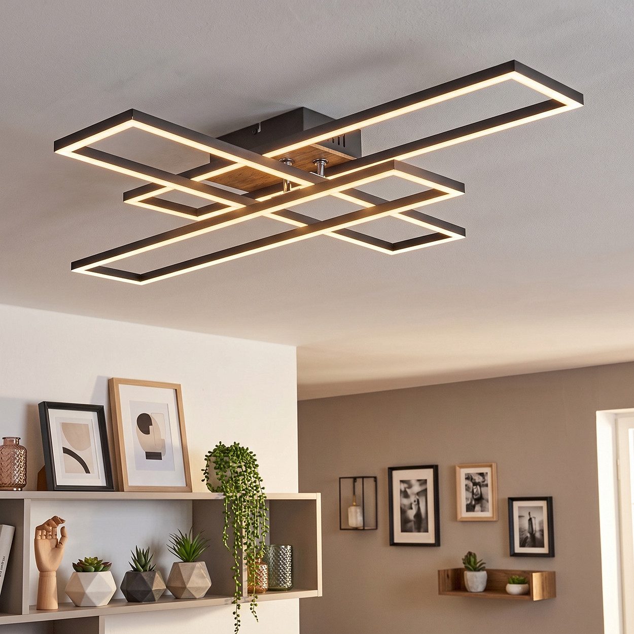 hofstein Deckenleuchte Deckenlampe aus Metall/MDF/Kunststoff in Schwarz/Holzfarben/Weiß, LED wechselbar, 3000 Kelvin, Leuchte im modernen Design mit verstellbaren Elementen, 1x LED 40 Watt