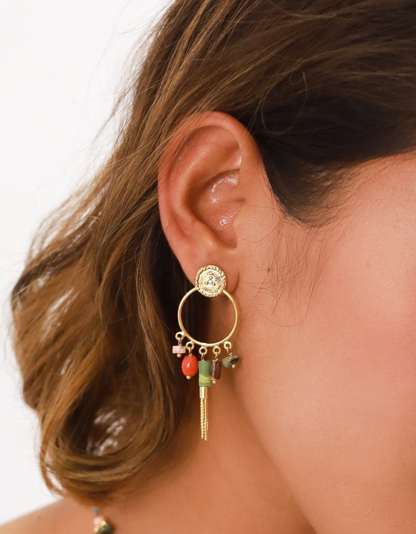 Mugello Paar Ohrstecker Manon Ohrstecker lang bunt gold Ibiza-Trend Boho, Handarbeit aus Frankreich, Messing mit 18K-Vergoldung (750er-Gold)