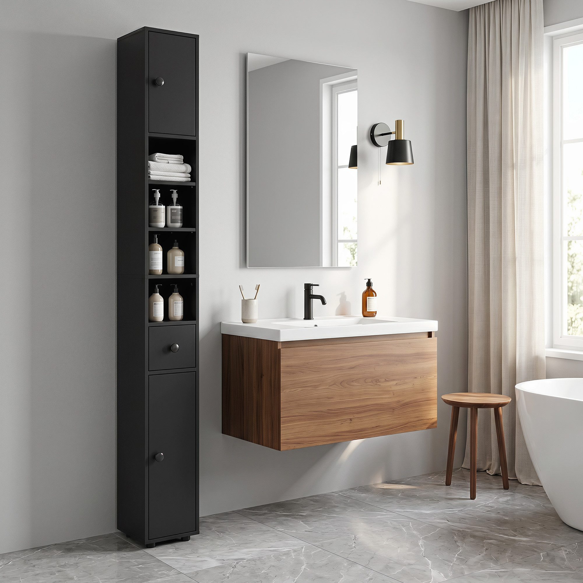 Kleankin Badkommode Hochschrank Toilettenschrank (schmaler Badezimmer-Aufbewahrungsschrank, 1 St., mit Schublade, verstellbaren Regalen), 20 x 20 x 180 cm, Schwarz