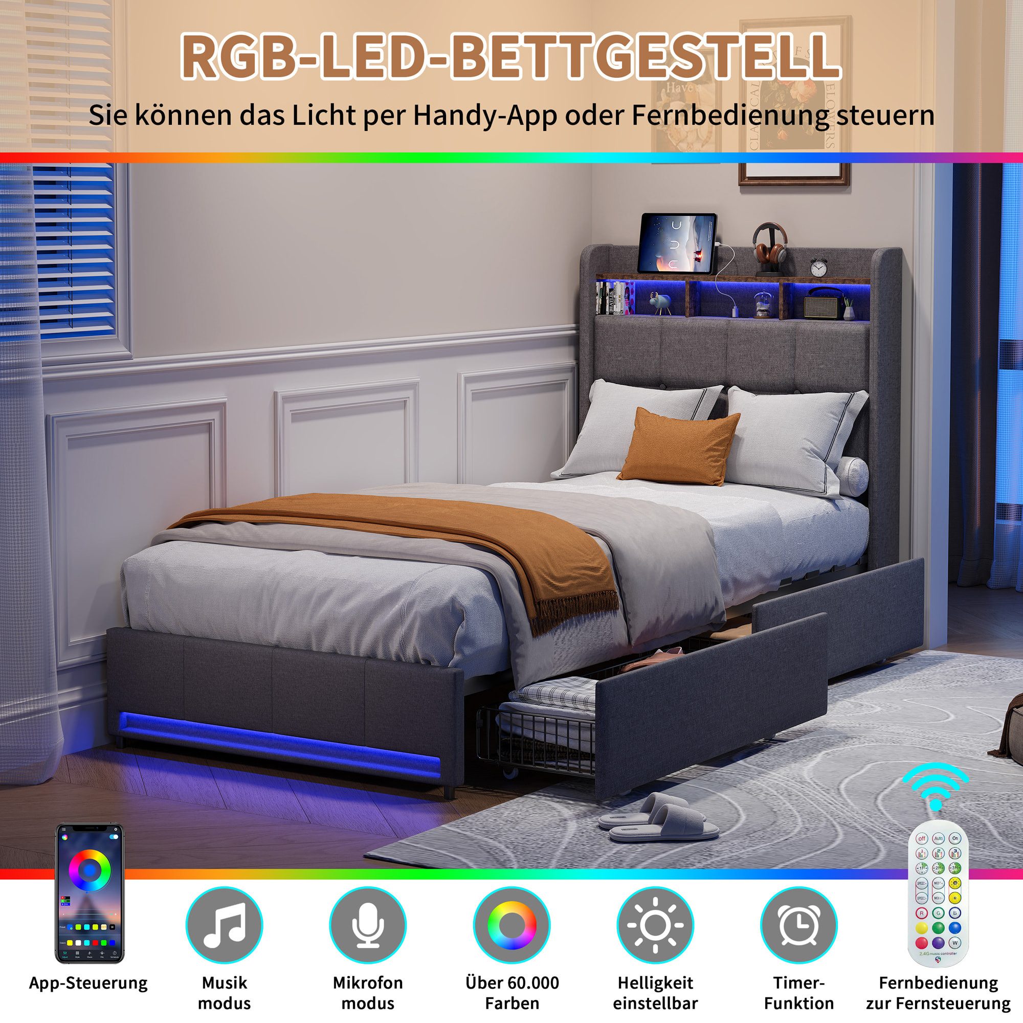 Simurq Einzelbett Polsterbett 90x200 mit 2 Schubladen, Jugendbett, Gästebett, Multifunktionsbett, Mit Lattenrost, USB Port & LED, Leinen