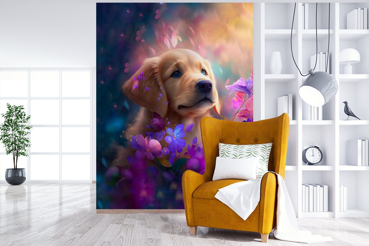 - Vinyl - Sonne Tapete Blumen MuchoWow Hund bedruckt, Fototapete für Wohnzimmer, - - Wandtapete St), Golden (4 Retriever, Montagefertig Welpe Matt,