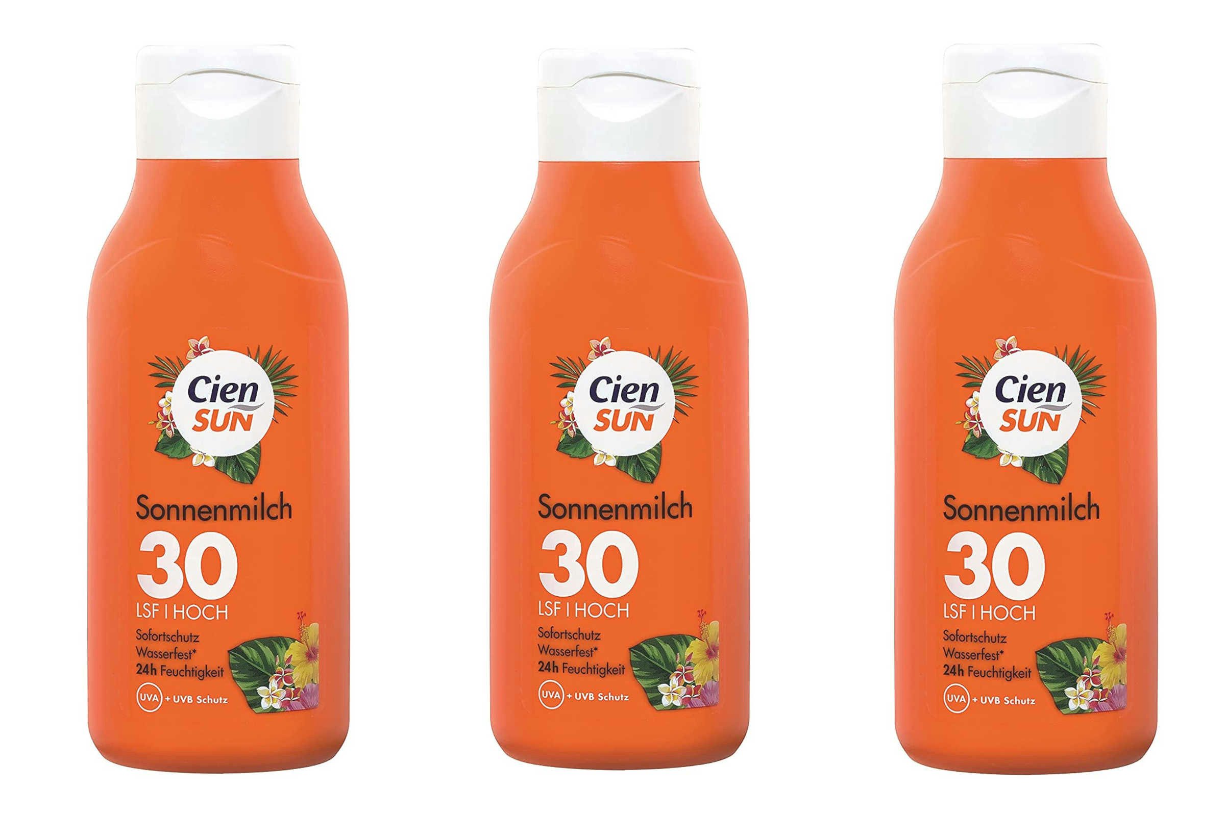 Cien Sonnenschutzmilch Cien Sun Sonnenmilch LSF 30, UVA UVB Schutz 250ml x3, Spar- Mehrfachpackung, 3x 250ml Sonnenmilch LSF 30, Sofortschutz, Wasserfest, 24h Feuhtigkeit