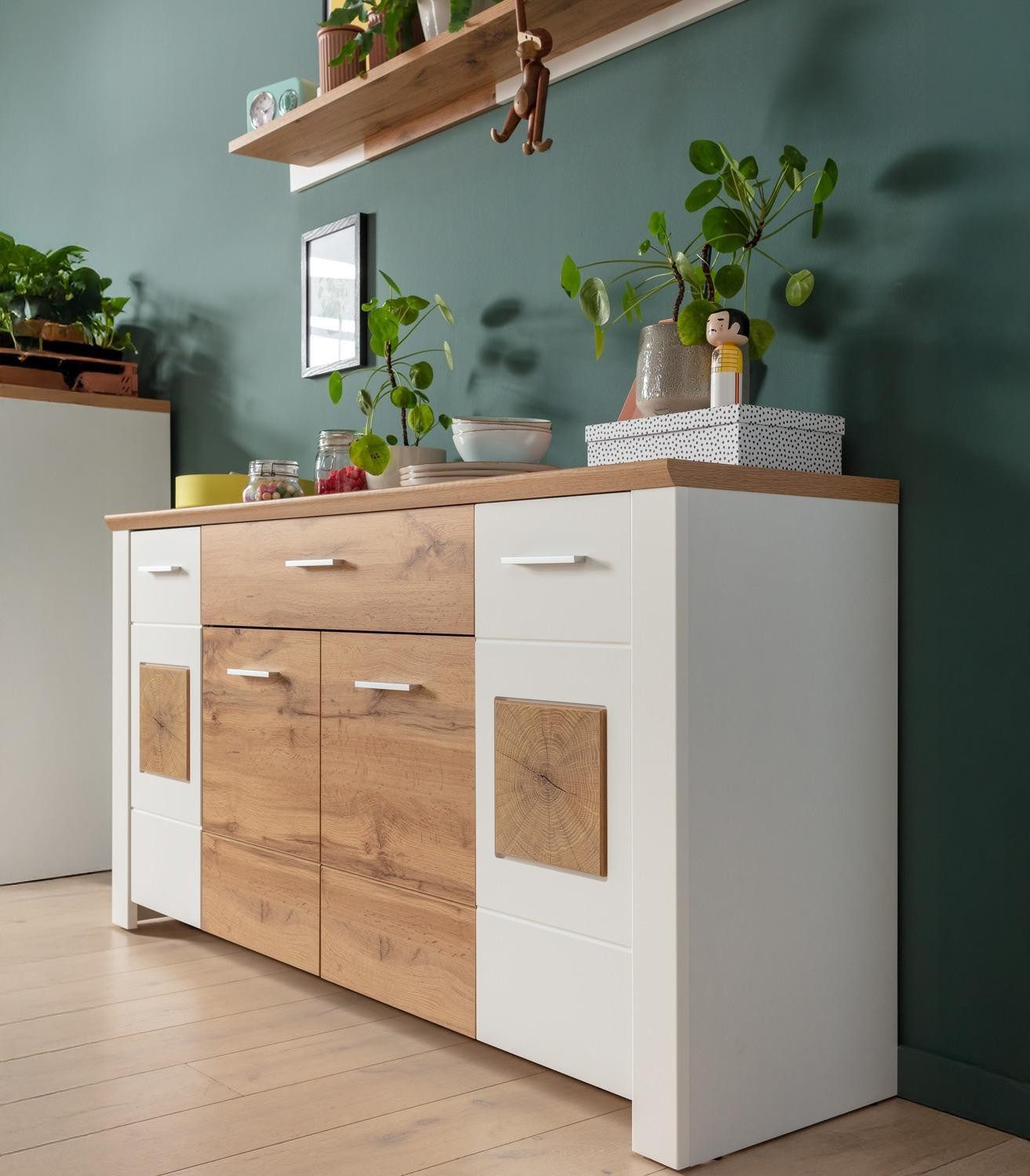 LIV'IN Sideboard MATERA, B 164 x T 46 cm, Weiß supermatt, Eiche Altholz Dekor, 4 Türen, 1 Schublade