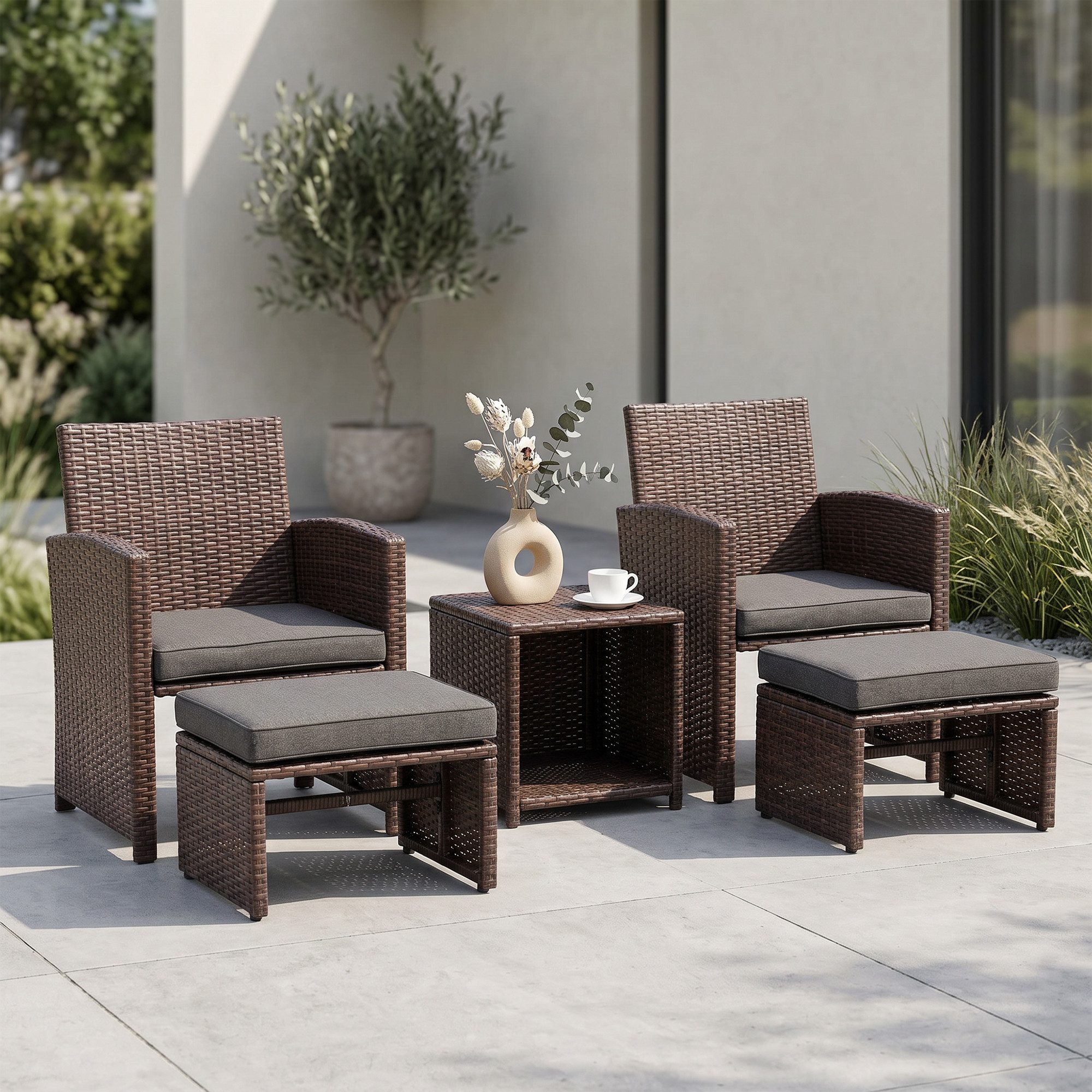 JOIVI Balkonset 5-tlg Garten Unterhaltung Set, (Balkon Möbel Set mit Kissen, brauner Rattan-Sessel mit Hocker&Couchtisch), für Garten, Hinterhof und Veranda (Dunkelgrau)