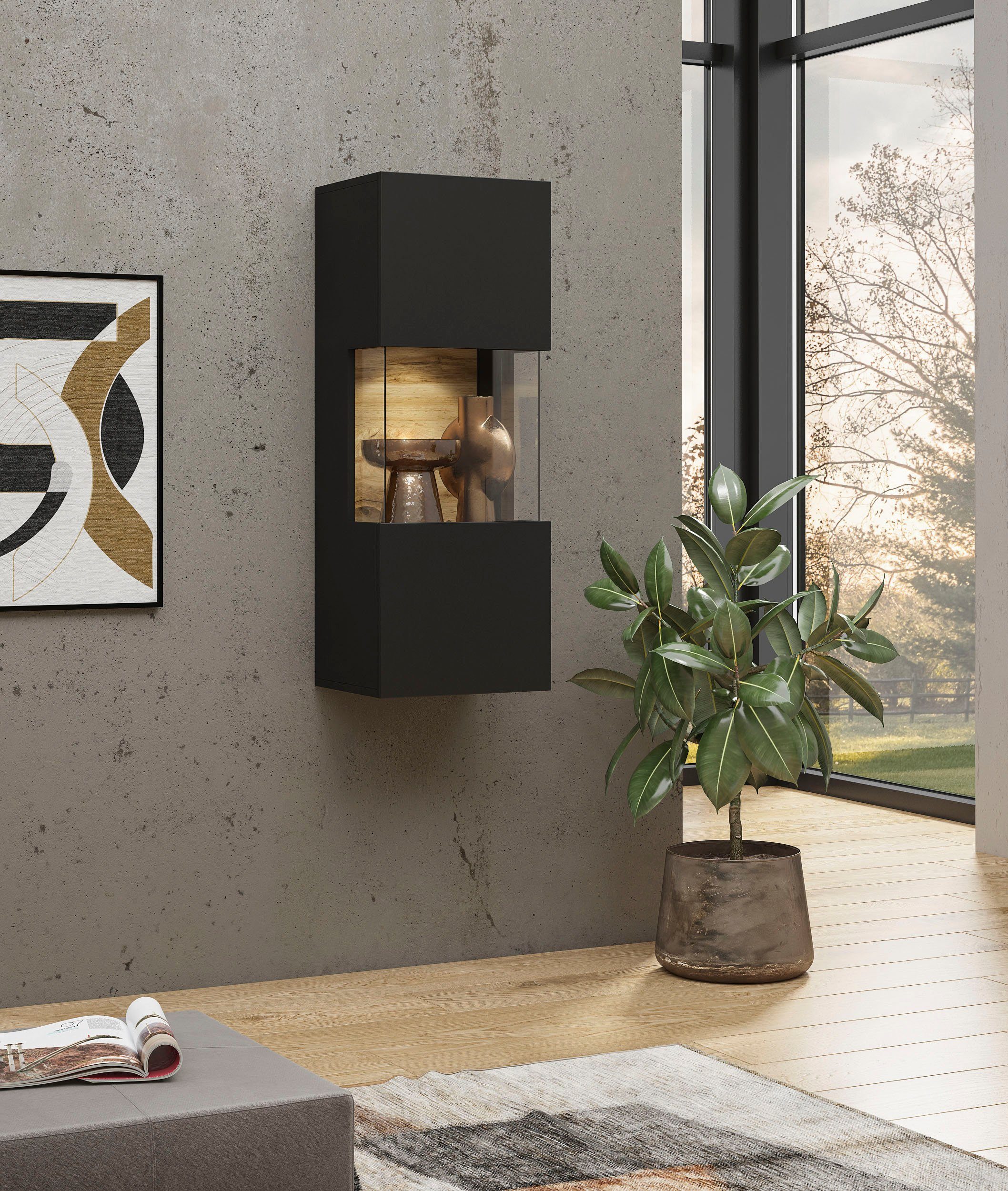 Home affaire Hängevitrine Ava, Breite 36 cm, hängend montierbar moderne grifflose Vitrine, Eckverglasung