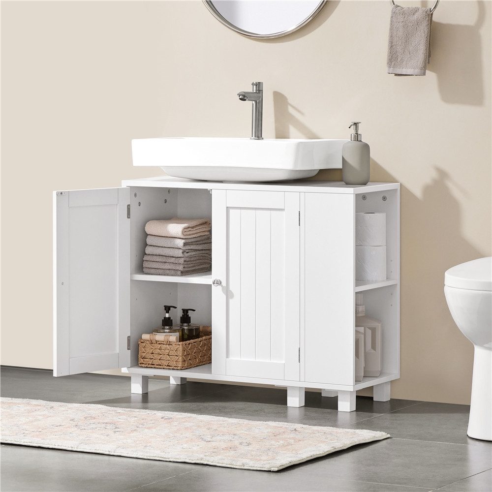 Yaheetech Waschbeckenunterschrank Freistehender Unterschrank mit Verstellbaren Einlegeböden Zweitüriger Standschrank mit Offenem Stauraum & Haken