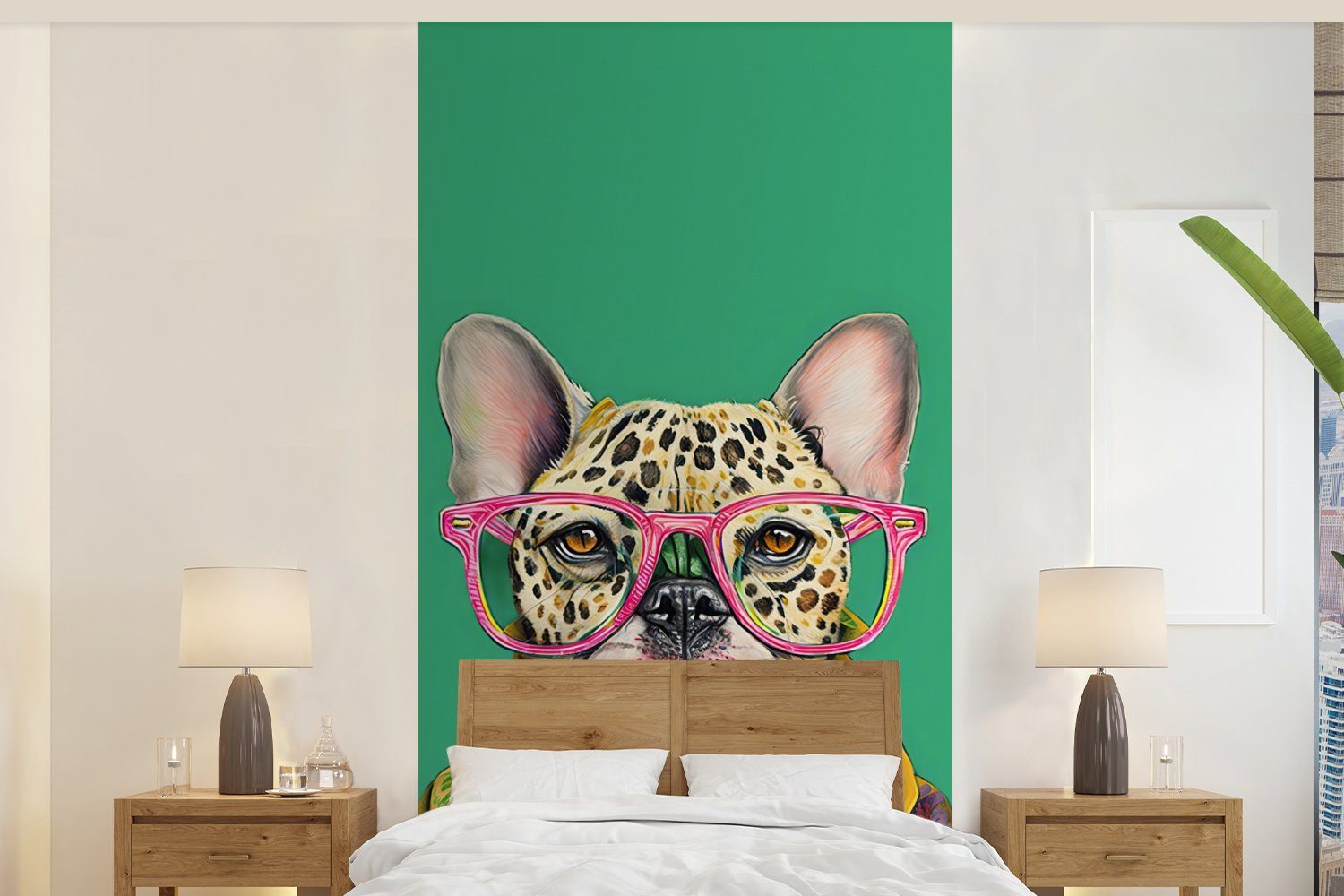 MuchoWow Fototapete Bulldogge - Brille - Design - Hund - Tiere, Matt, bedruckt, (2 St), Vliestapete für Wohnzimmer Schlafzimmer Küche, Fototapete