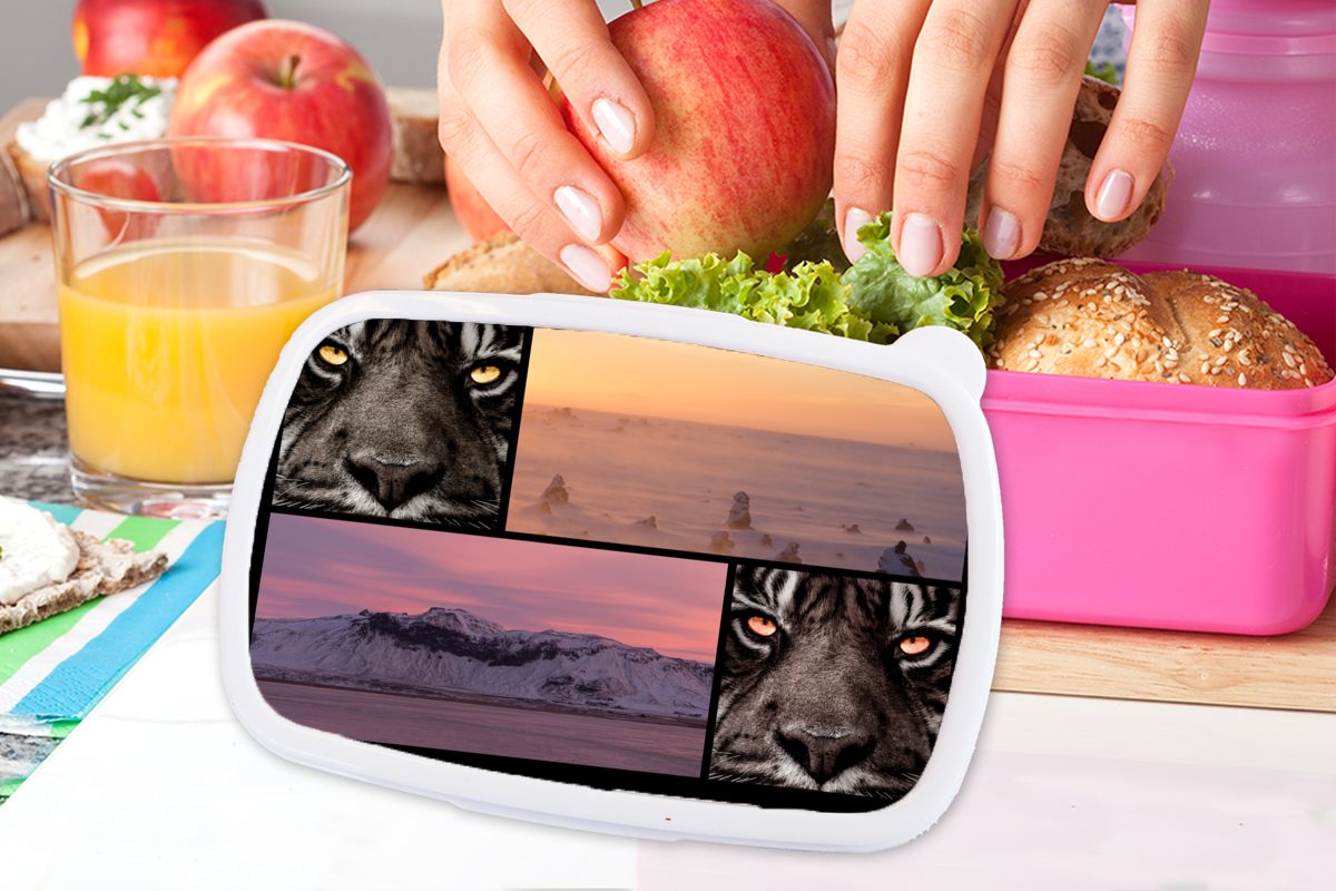 MuchoWow Lunchbox Brotdose - Tiger für Kunststoff Erwachsene, Natur Sonnenuntergang, rosa Kunststoff, - Kinder, Collage (2-tlg), Brotbox Mädchen, - Snackbox