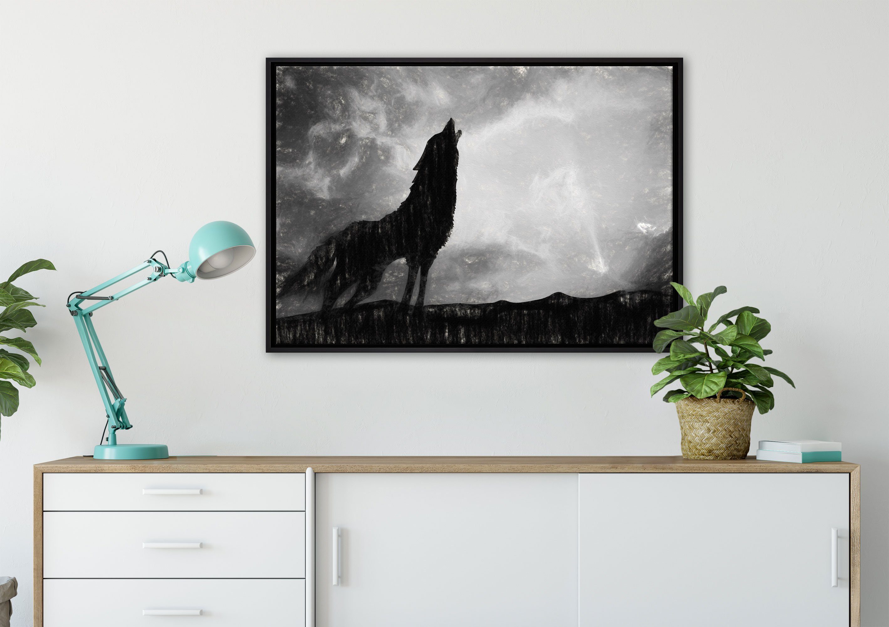 inkl. bespannt, Heulen, gefasst, fertig Pixxprint St), (1 Wanddekoration Wolf einem Leinwandbild in Leinwandbild Schattenfugen-Bilderrahmen Zackenaufhänger