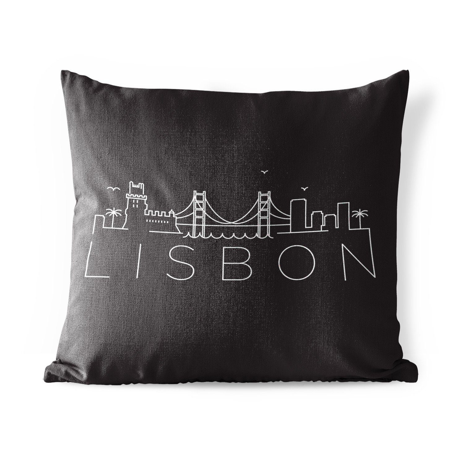 MuchoWow Dekokissen Skyline ''Lissabon'' vor einem schwarzen Hintergrund, Kissenbezüge, Kissenhülle, Dekokissen, Dekokissenbezug, Outdoor
