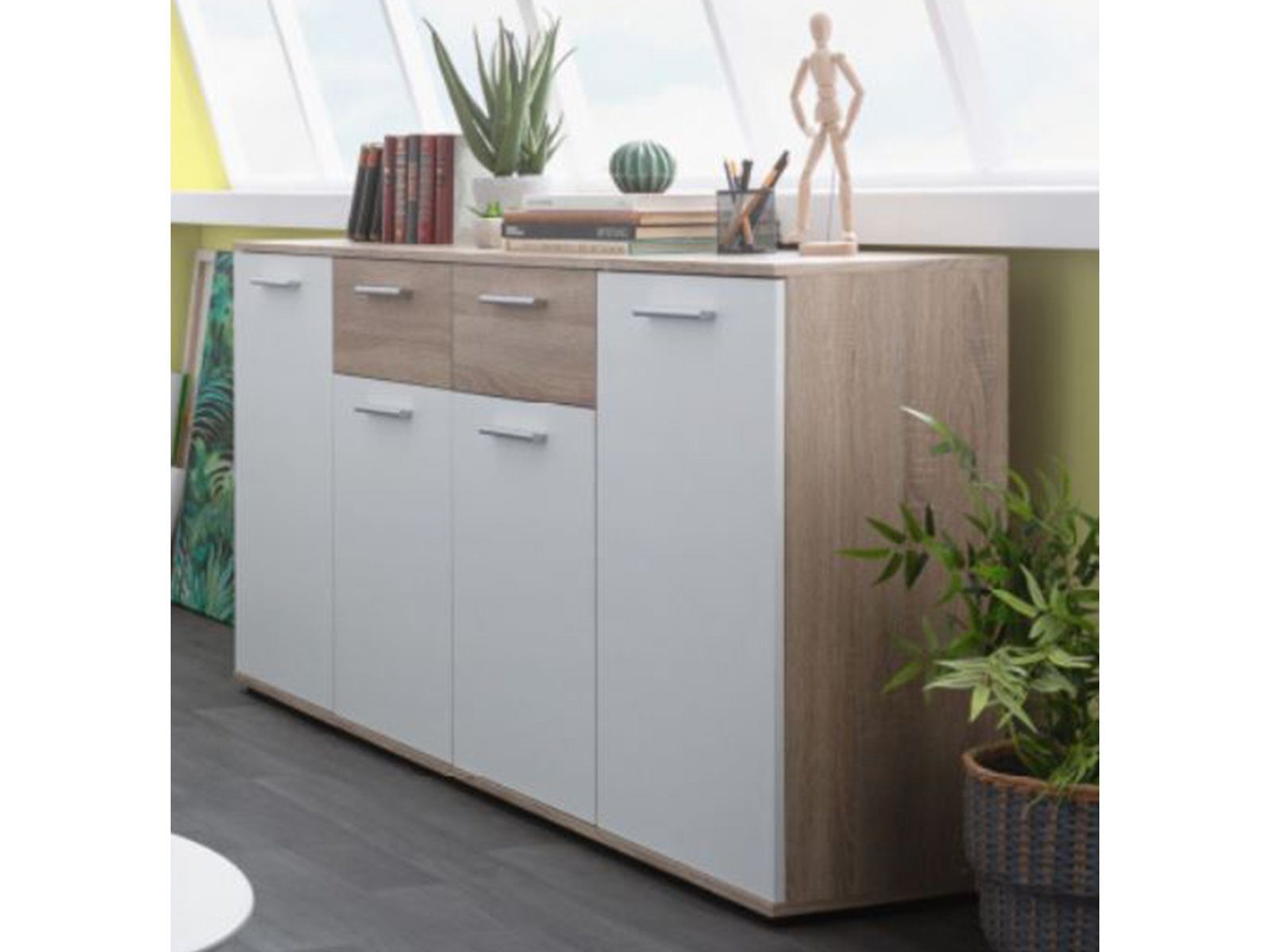 möbelando Sideboard Jacklin, Modernes Sideboard aus Spanplatte in Sonoma-Eiche Nachbildung mit Absetzungen in Weiß mit 2 Schubkästen und 4 Türen dahinter je 1 Boden. Breite 160 cm, Höhe 85 cm, Tiefe 35 cm