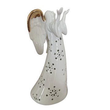 Online-Fuchs LED Dekoobjekt als Engel aus Keramik mit LED Beleuchtung & Timer Weihnachtsdeko 272, LED fest integriert, warmweiß, Maße: 26x13x12 cm, glänzend, Gold an den Flügeln, Schneeflocken