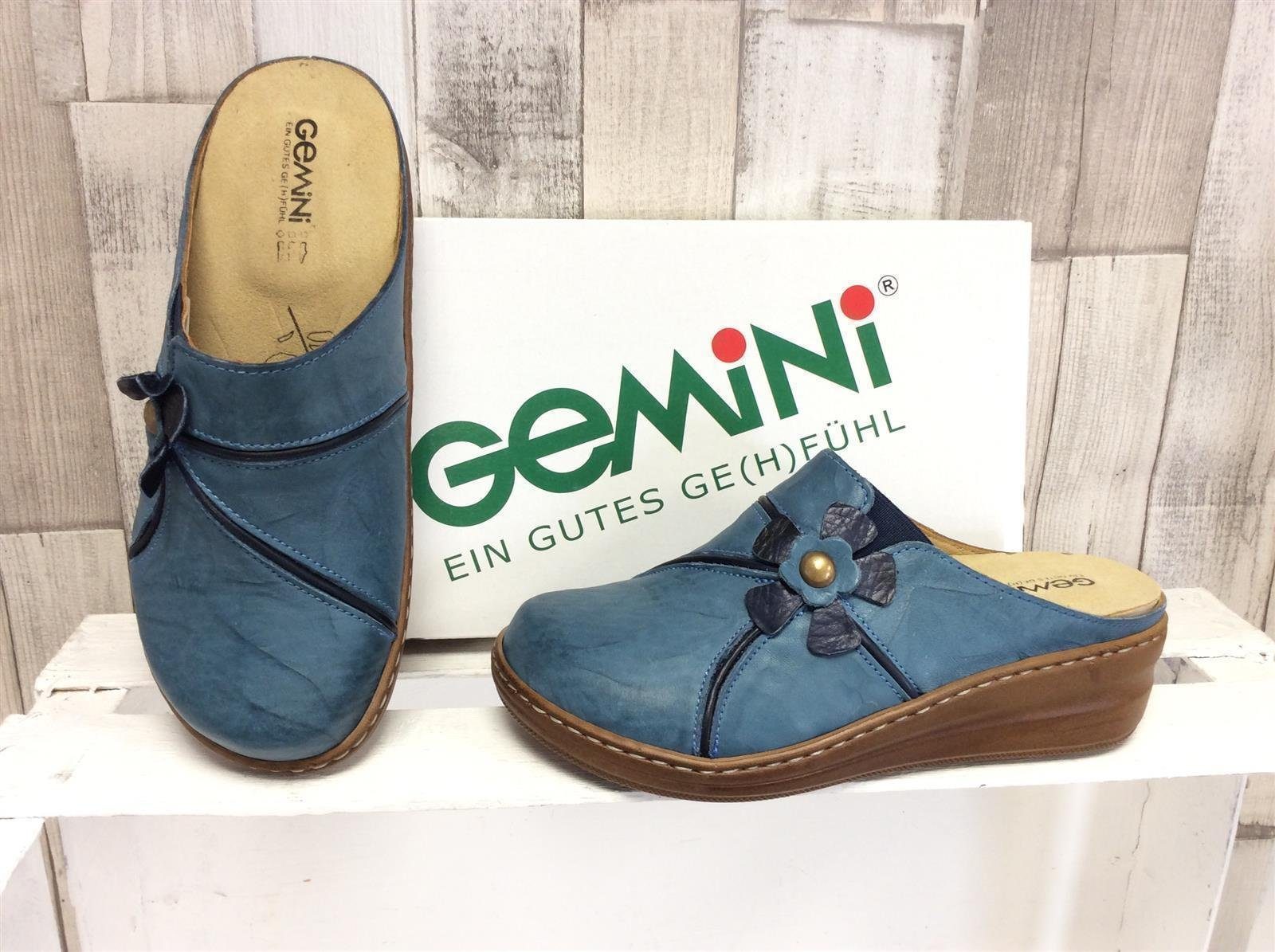 Gemini Gemini Damen Clog jeansblau mit blauer Blüte, herausnehmbares Fußbett  Pantolette